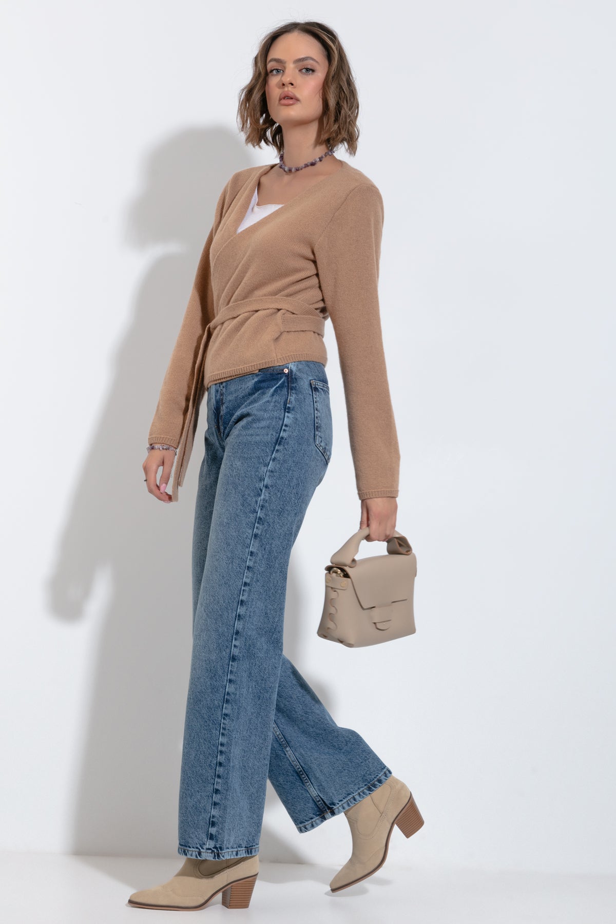 KASZMIROWY WIĄZANY SWETER karmelowy - 3