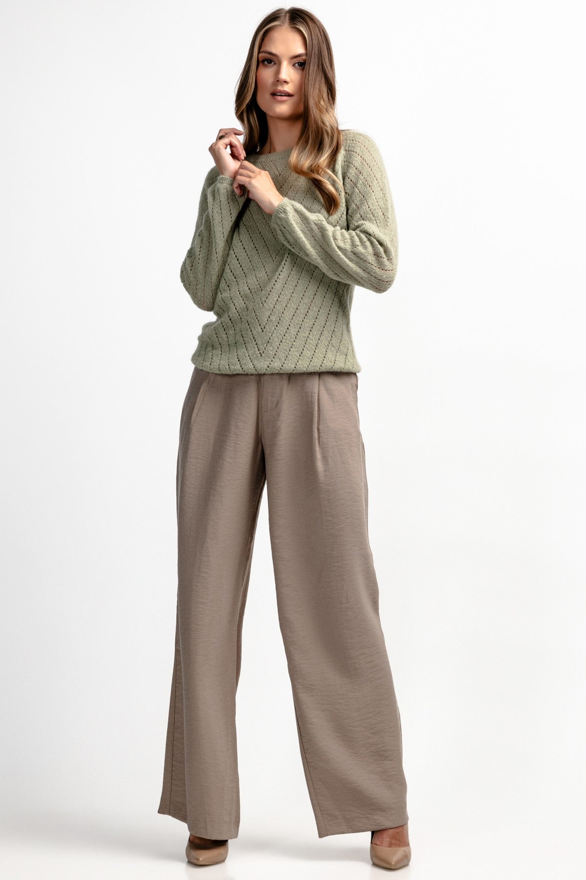 Klasyczny sweter z jedwabiu i wełny alpaki pistacjowy - 2