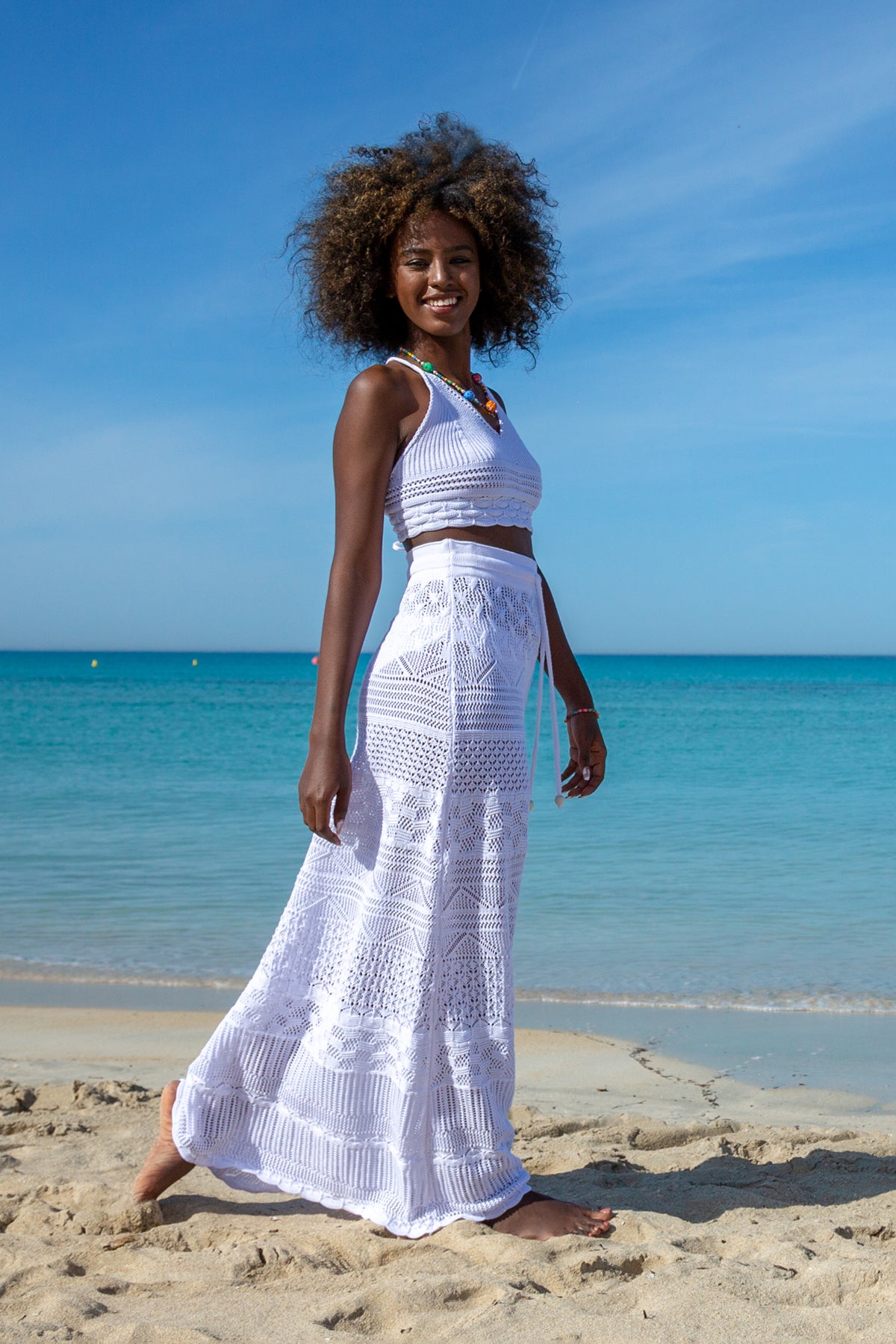 Kolorowy, bawełniany ażurowy komplet top i długa spódnica biały - 2