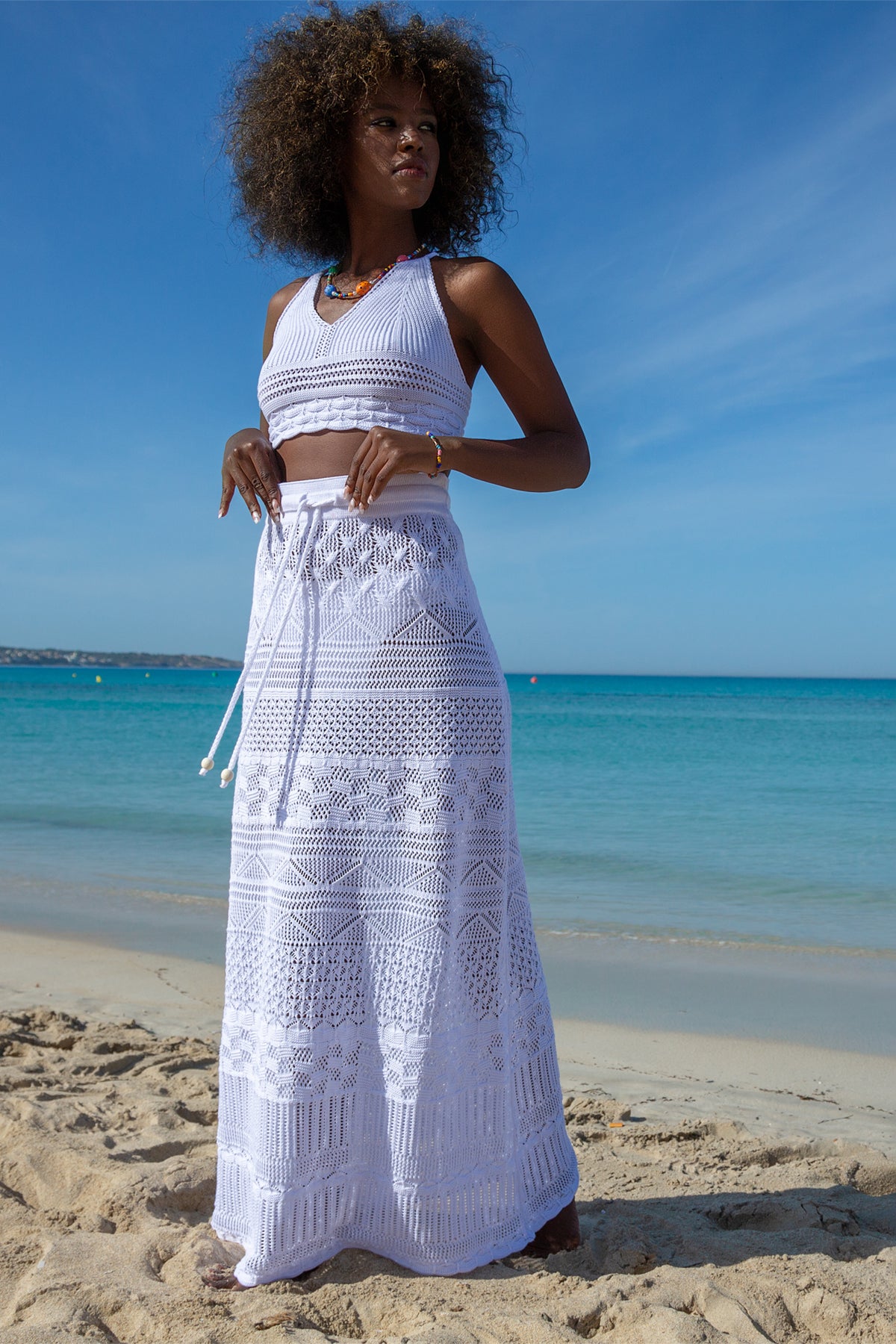 Kolorowy, bawełniany ażurowy komplet top i długa spódnica biały - 4