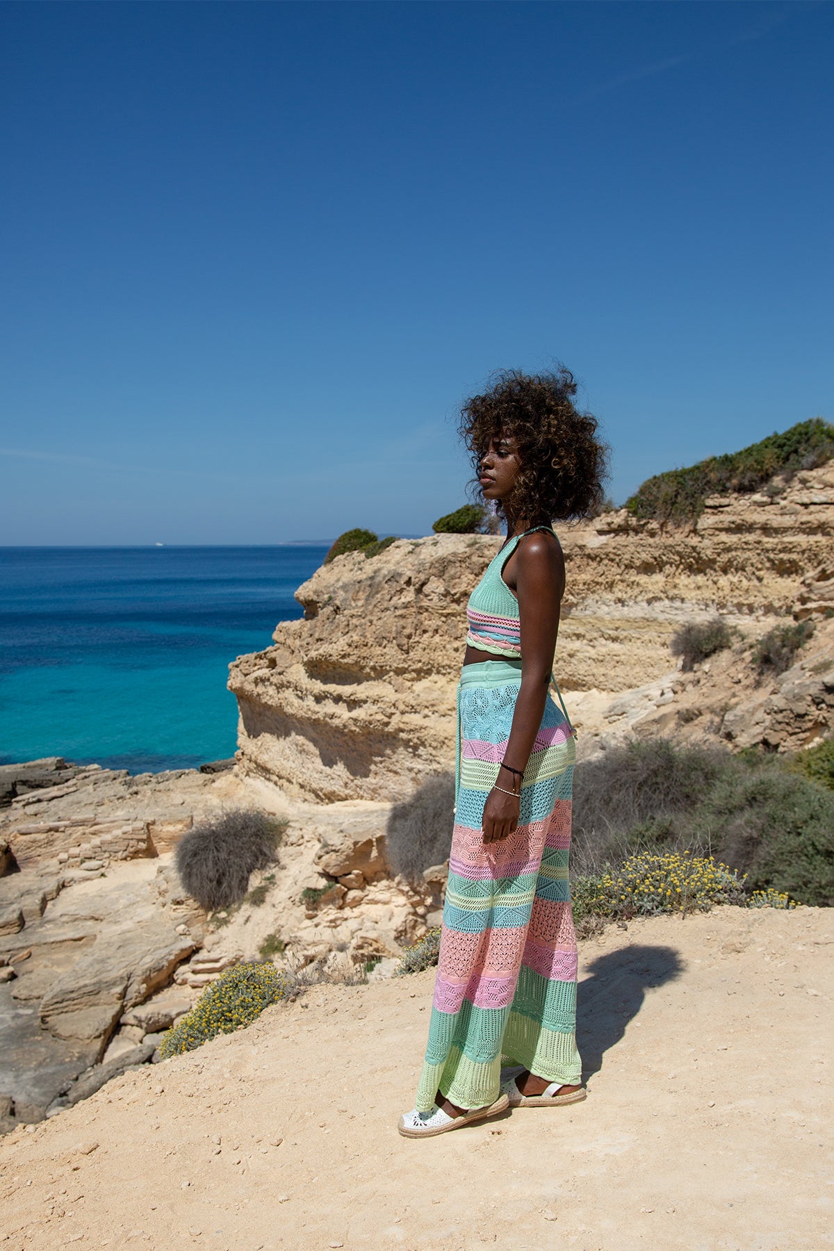 Kolorowy, bawełniany ażurowy komplet top i długa spódnica pistacjowy - 8