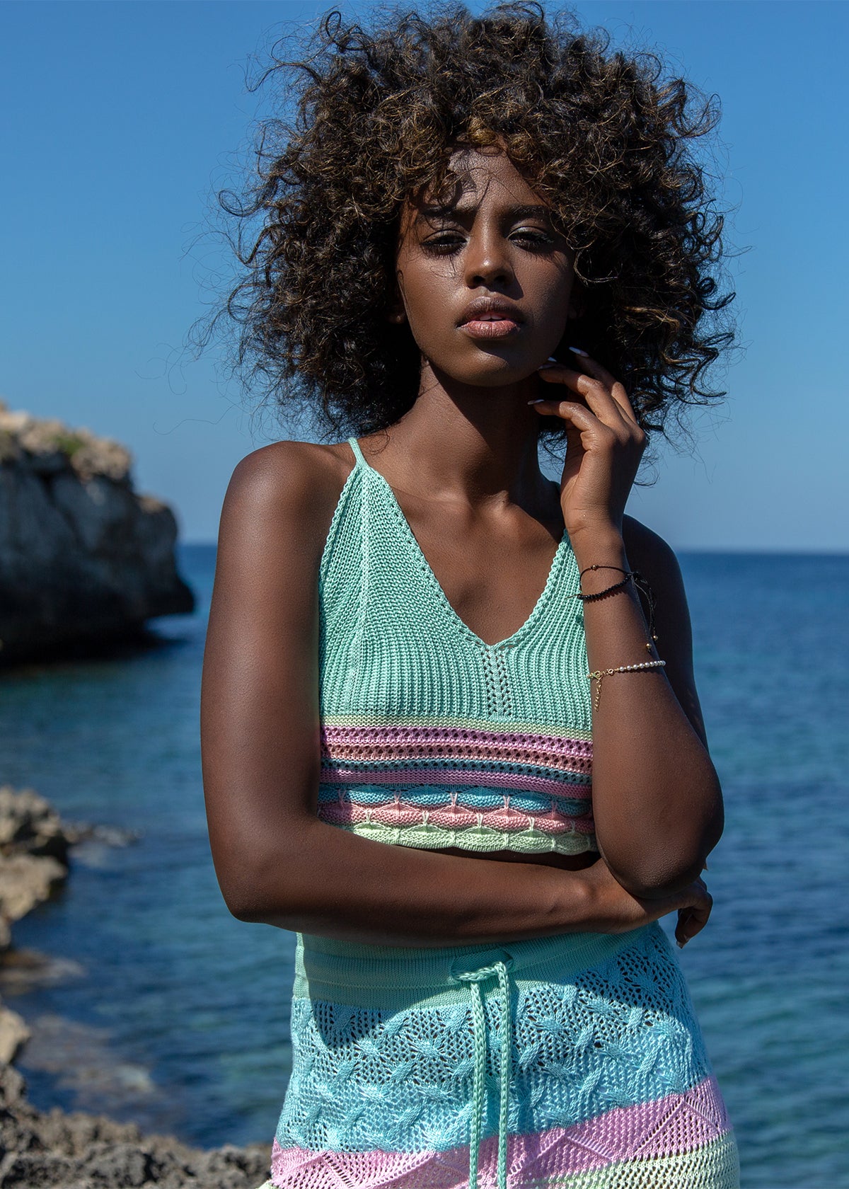 Kolorowy, bawełniany ażurowy komplet top i długa spódnica pistacjowy - 6