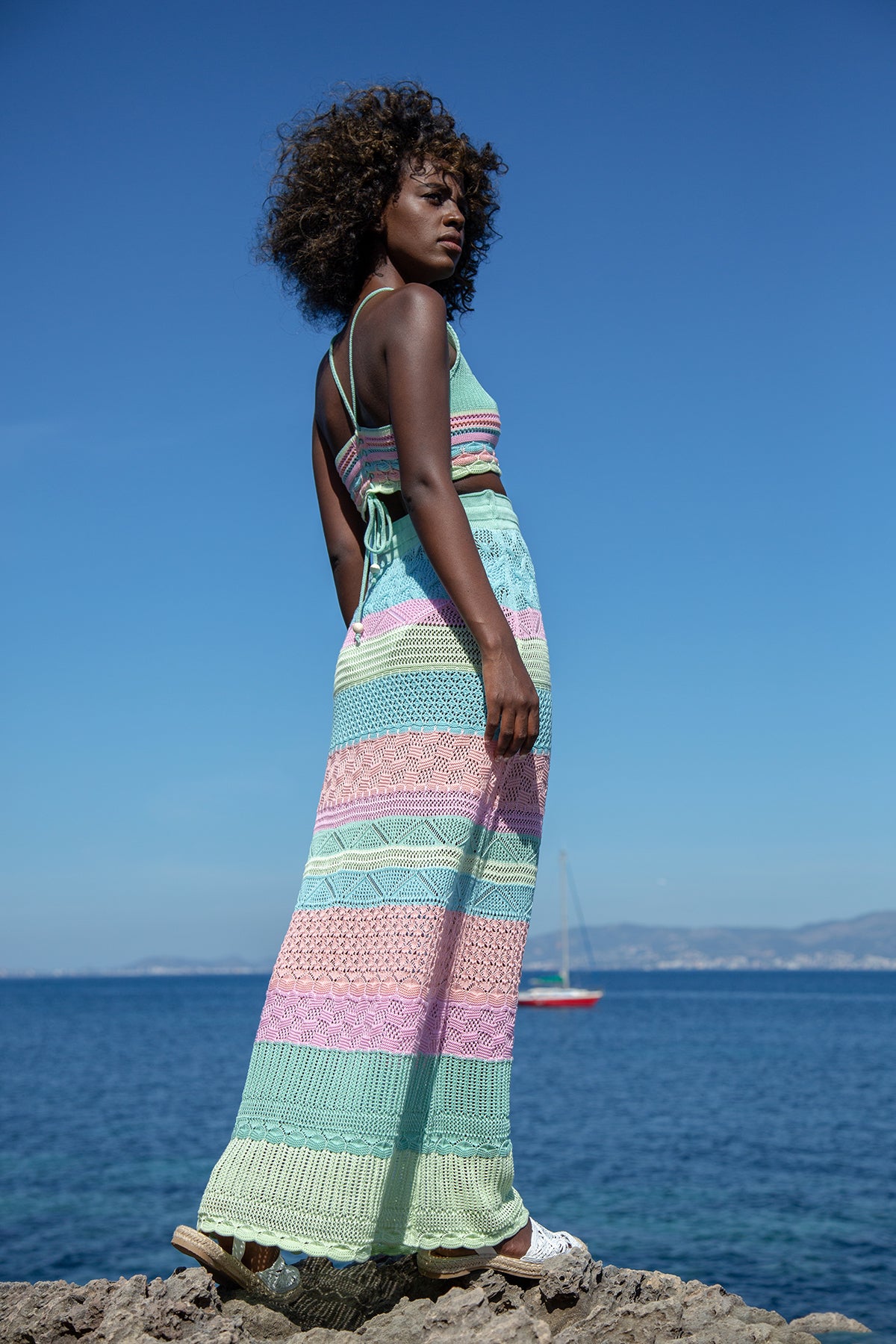 Kolorowy, bawełniany ażurowy komplet top i długa spódnica pistacjowy - 7