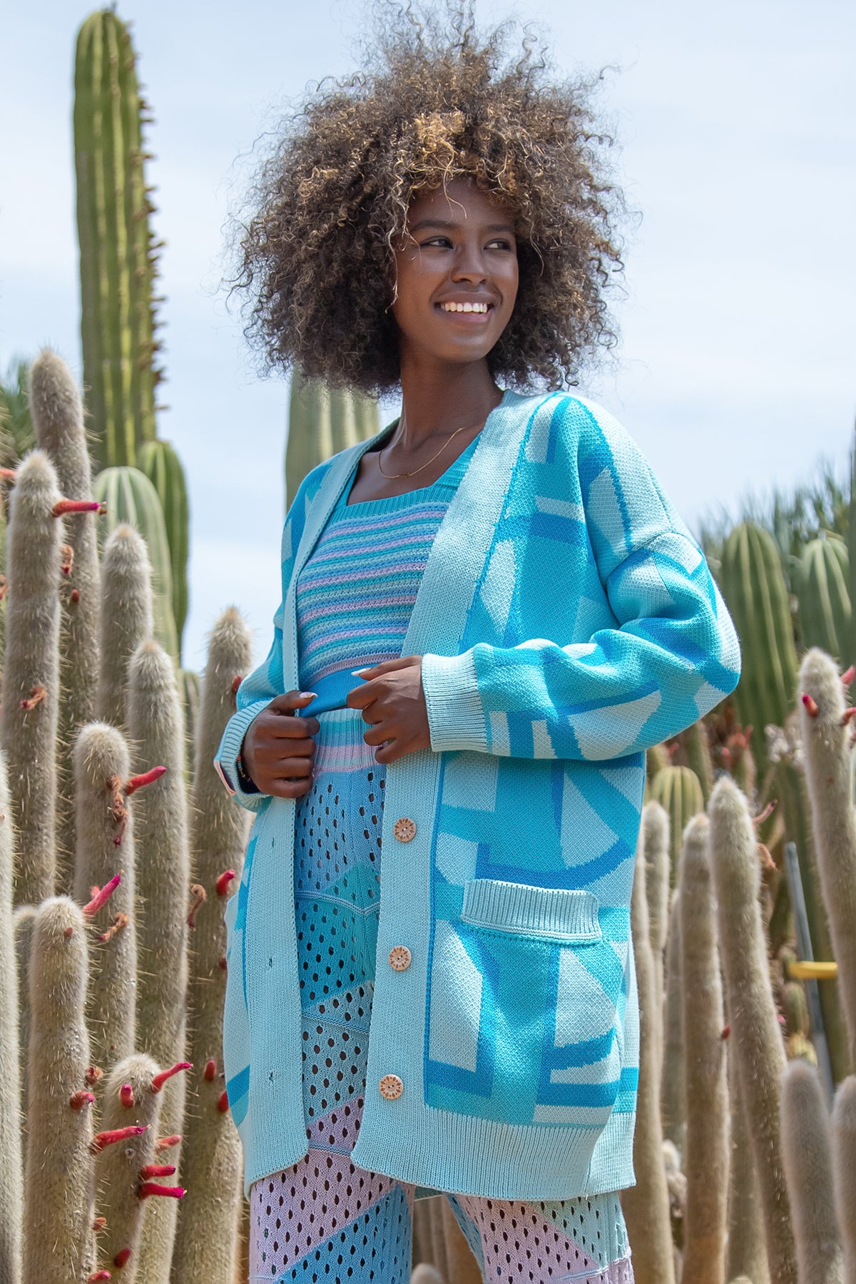 bawełniany kardigan z kieszeniami niebieski - 1