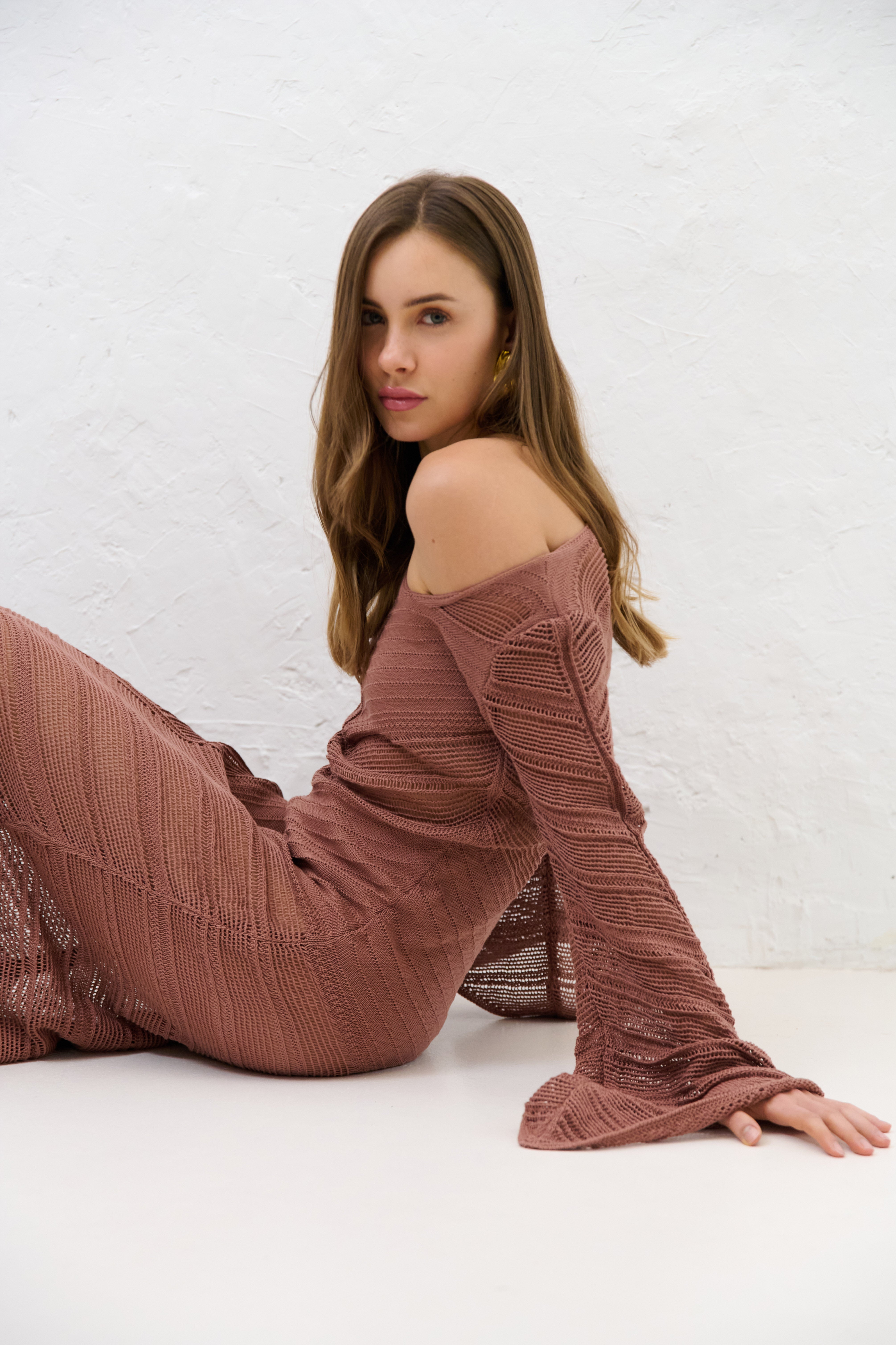 Długa ażurowa sukienka Cotton Mirage mocca