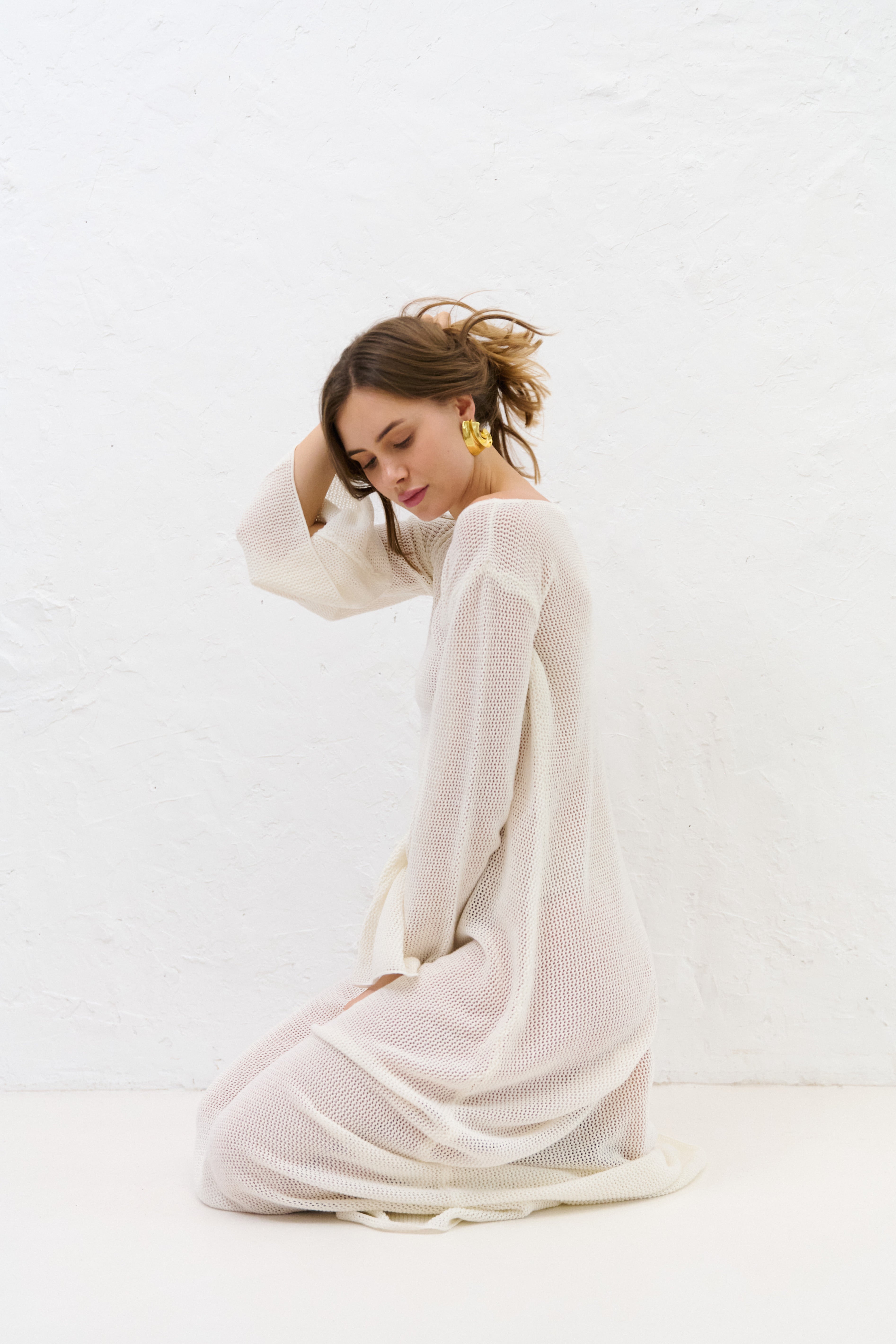 Długa letnia sukienka z bawełny organicznej i kaszmiru Sablé ecru