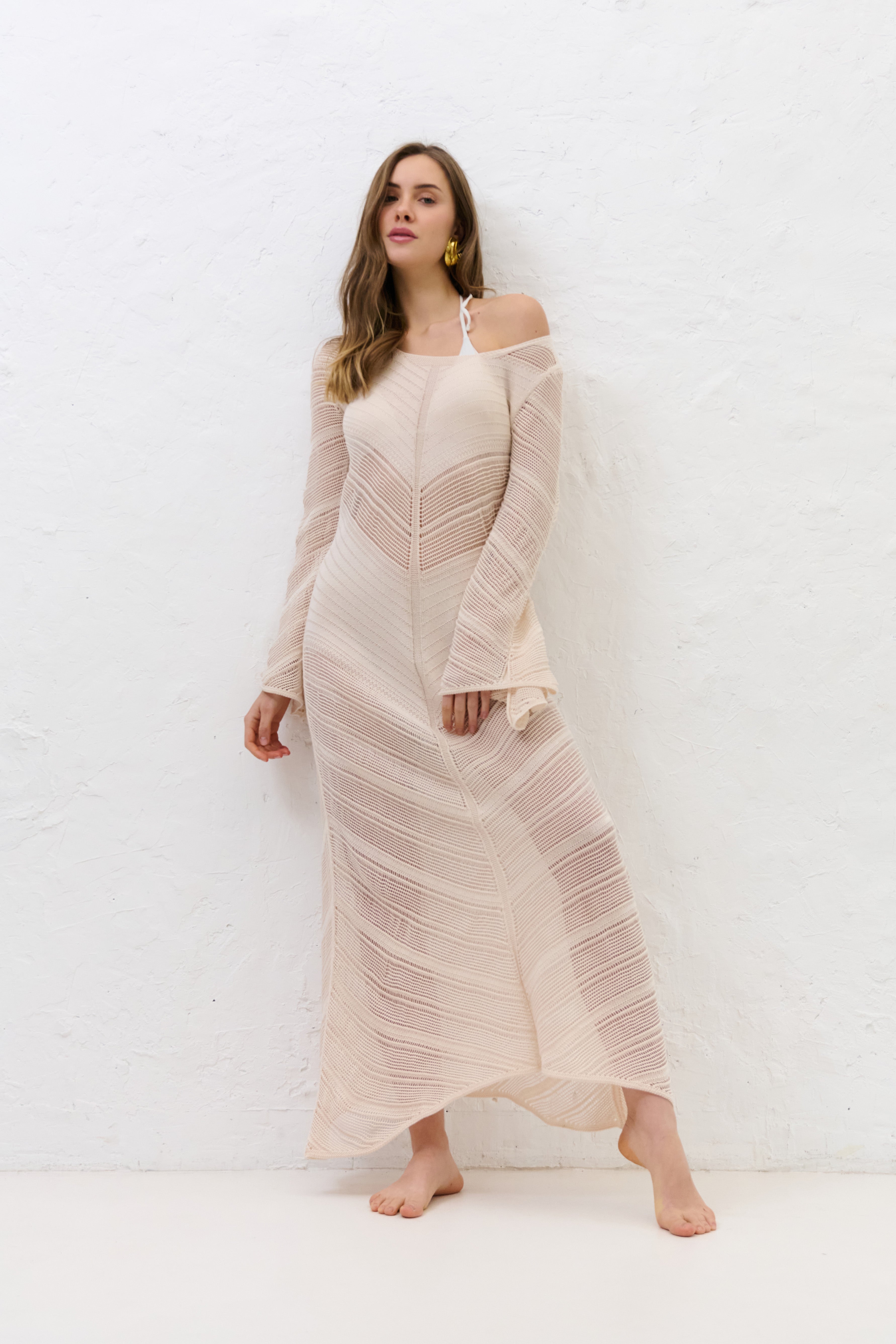 Długa ażurowa sukienka Cotton Mirage beżowy