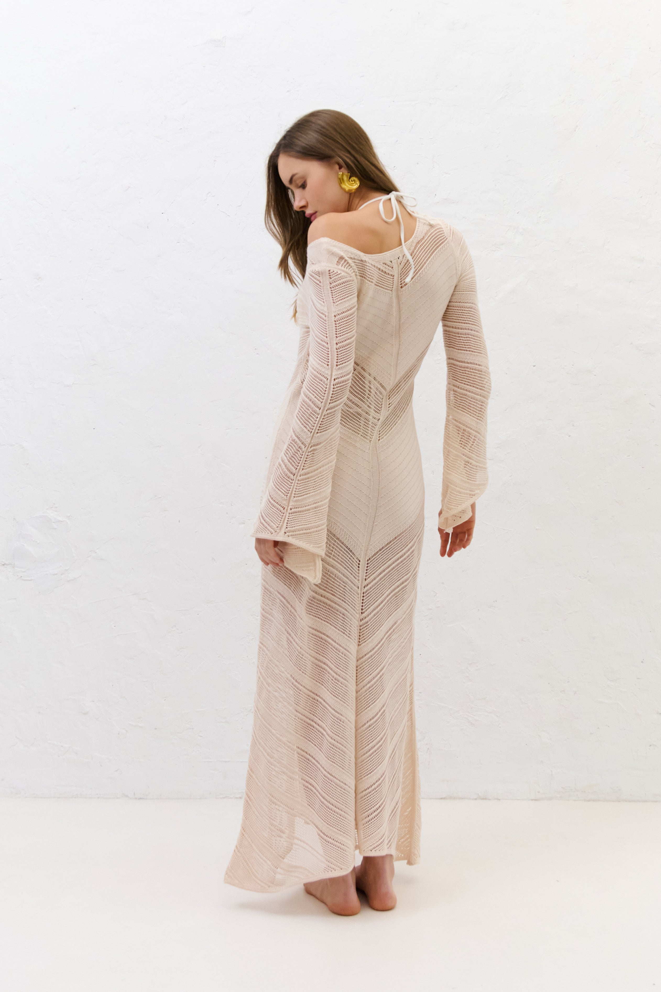Langes, durchbrochenes Kleid von Cotton Mirage, beige