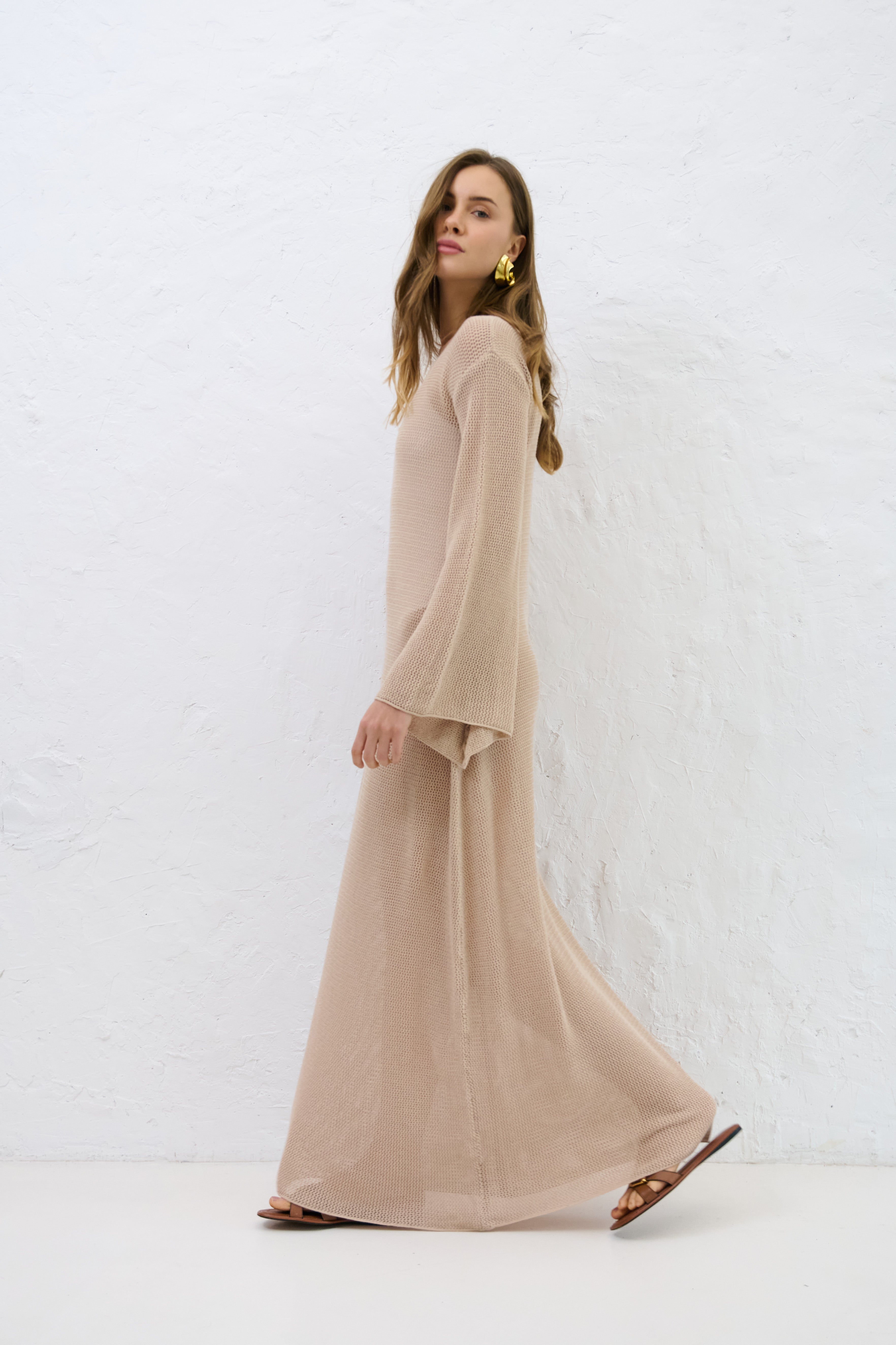 Długa letnia sukienka z bawełny organicznej i kaszmiru Sablé beżowy