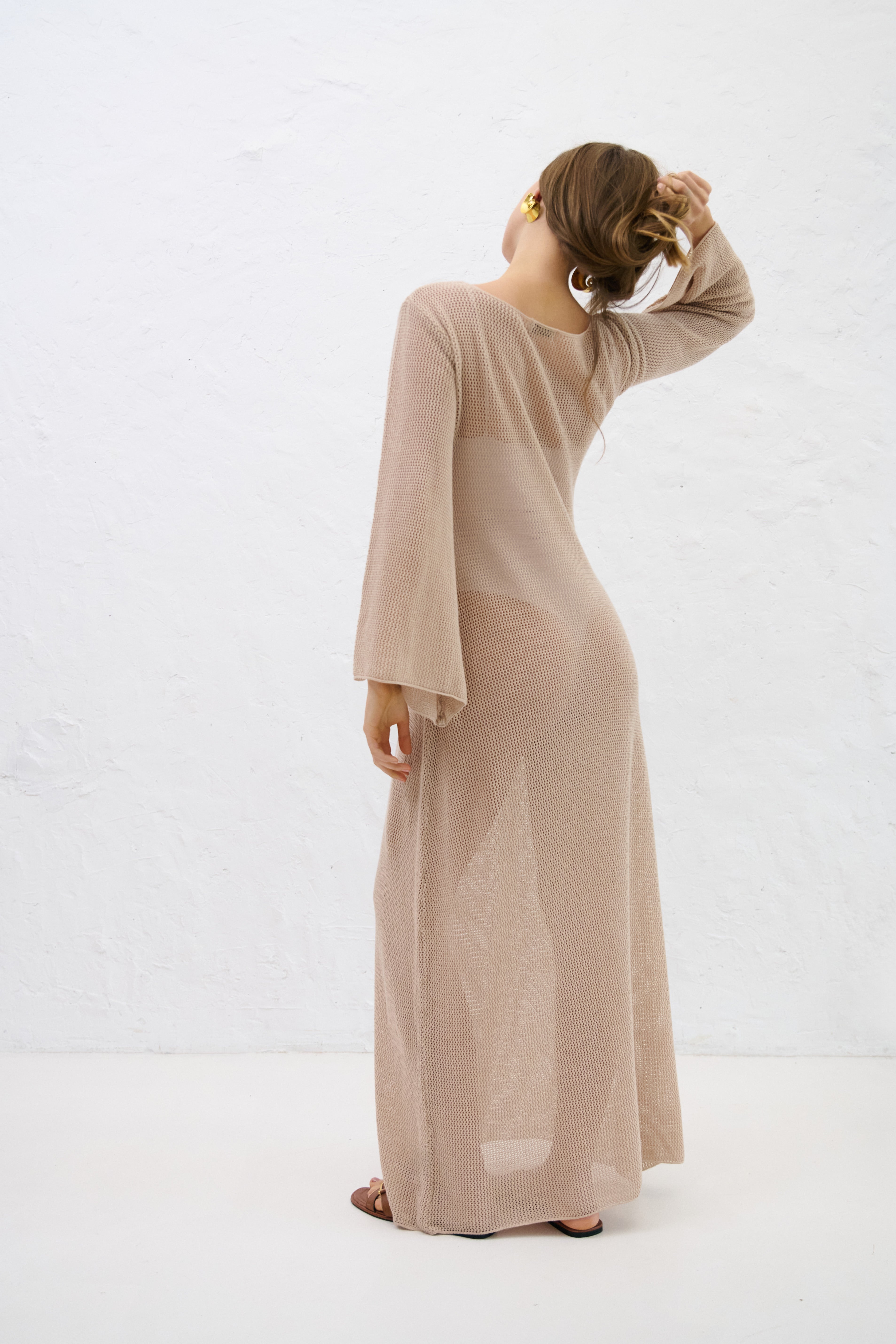 Długa letnia sukienka z bawełny organicznej i kaszmiru Sablé beżowa