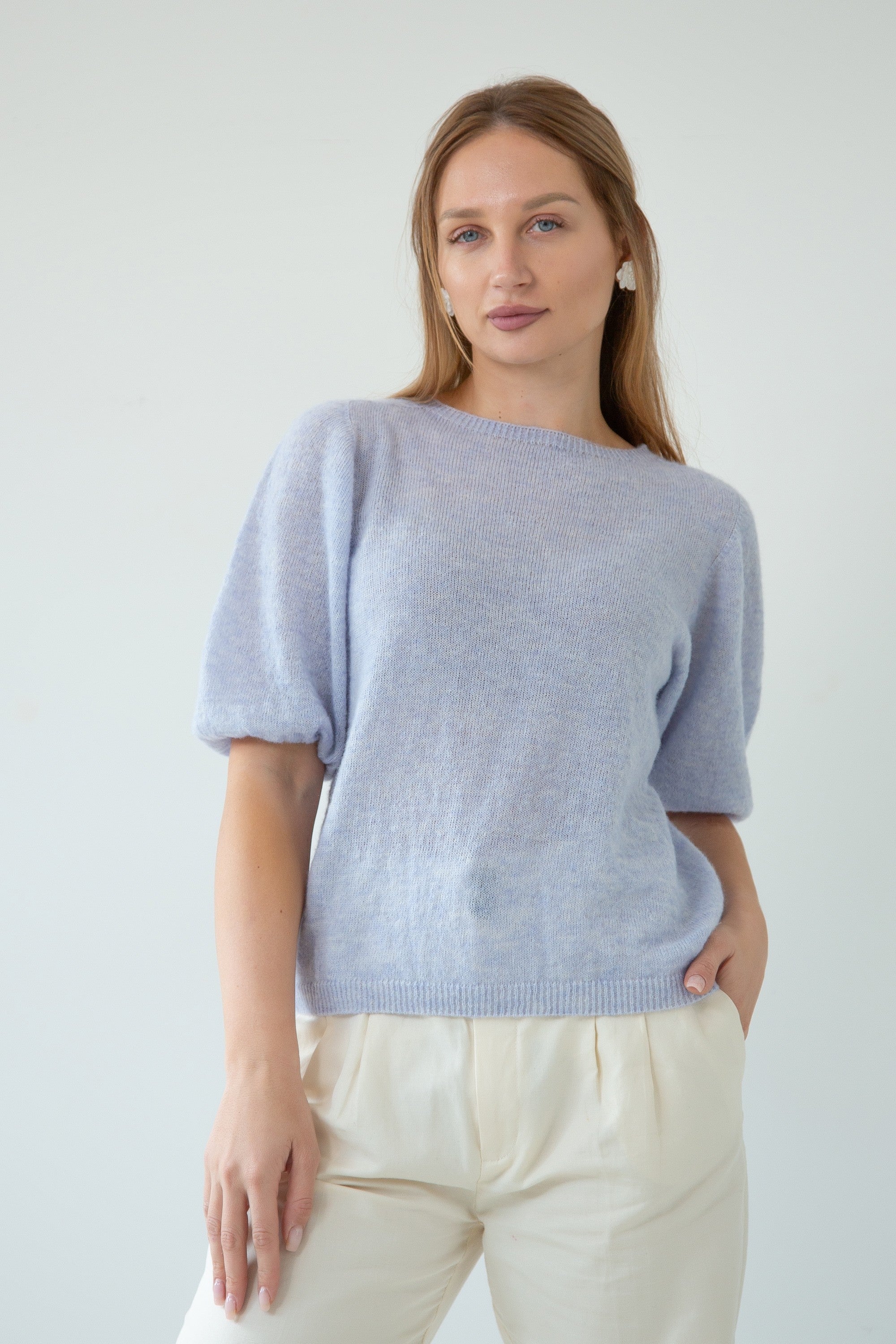 Sweter z krótkim rękawem z wełny baby alpaka i wełny virgin niebieski - 1