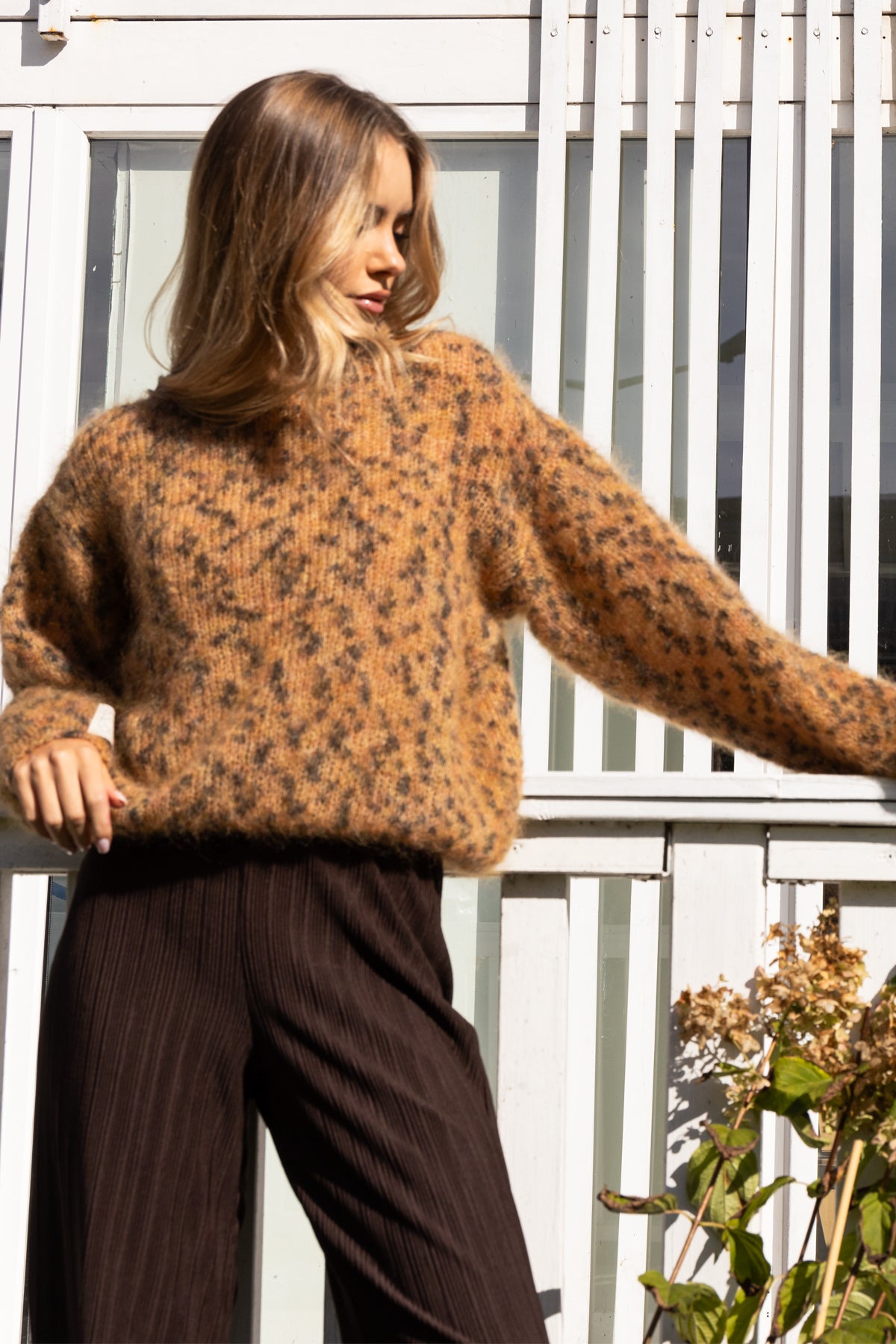 Sweter z wełny kid moher brązowy - 1