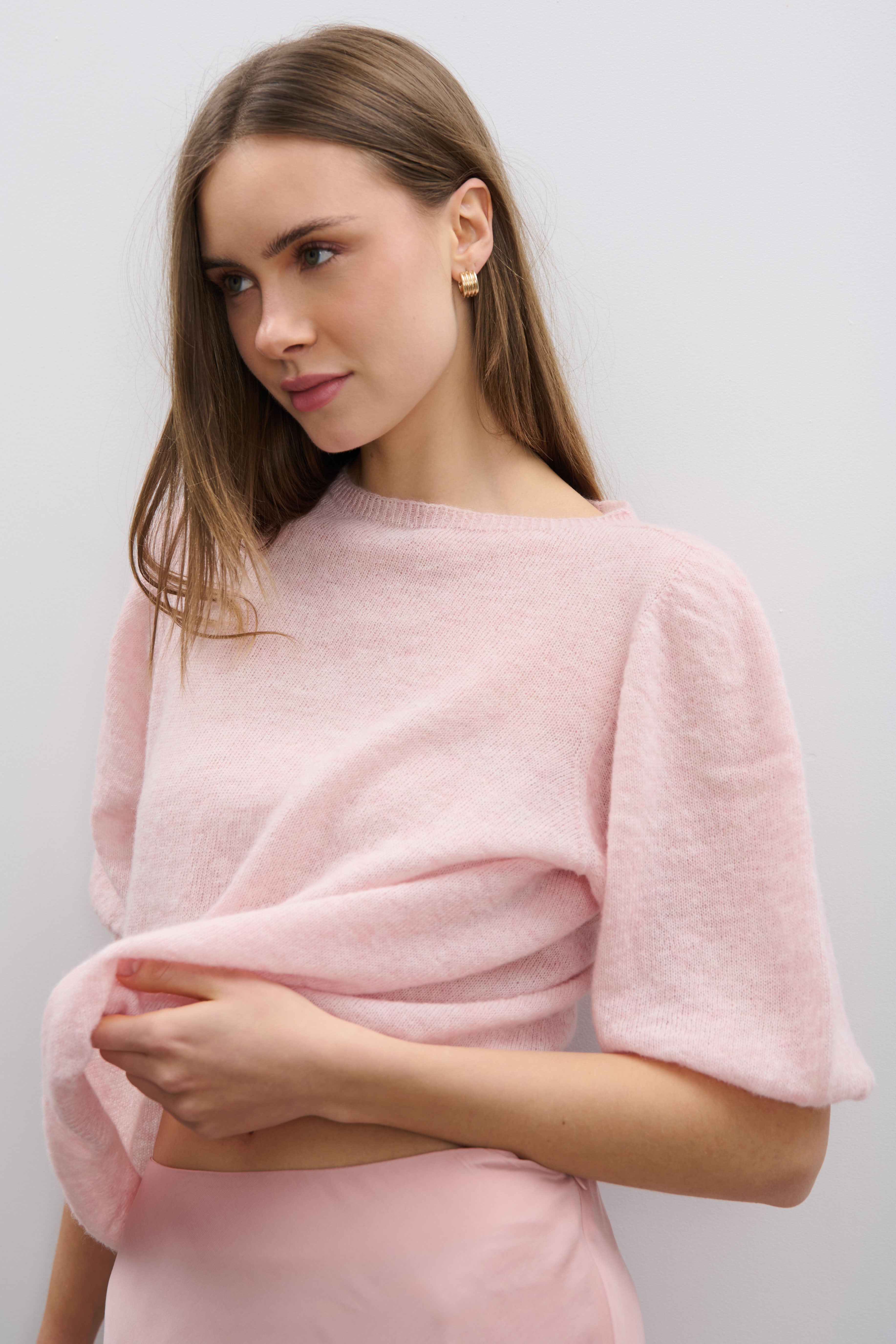 Sweter z krótkim rękawem z wełny baby alpaka i wełny virgin różowy