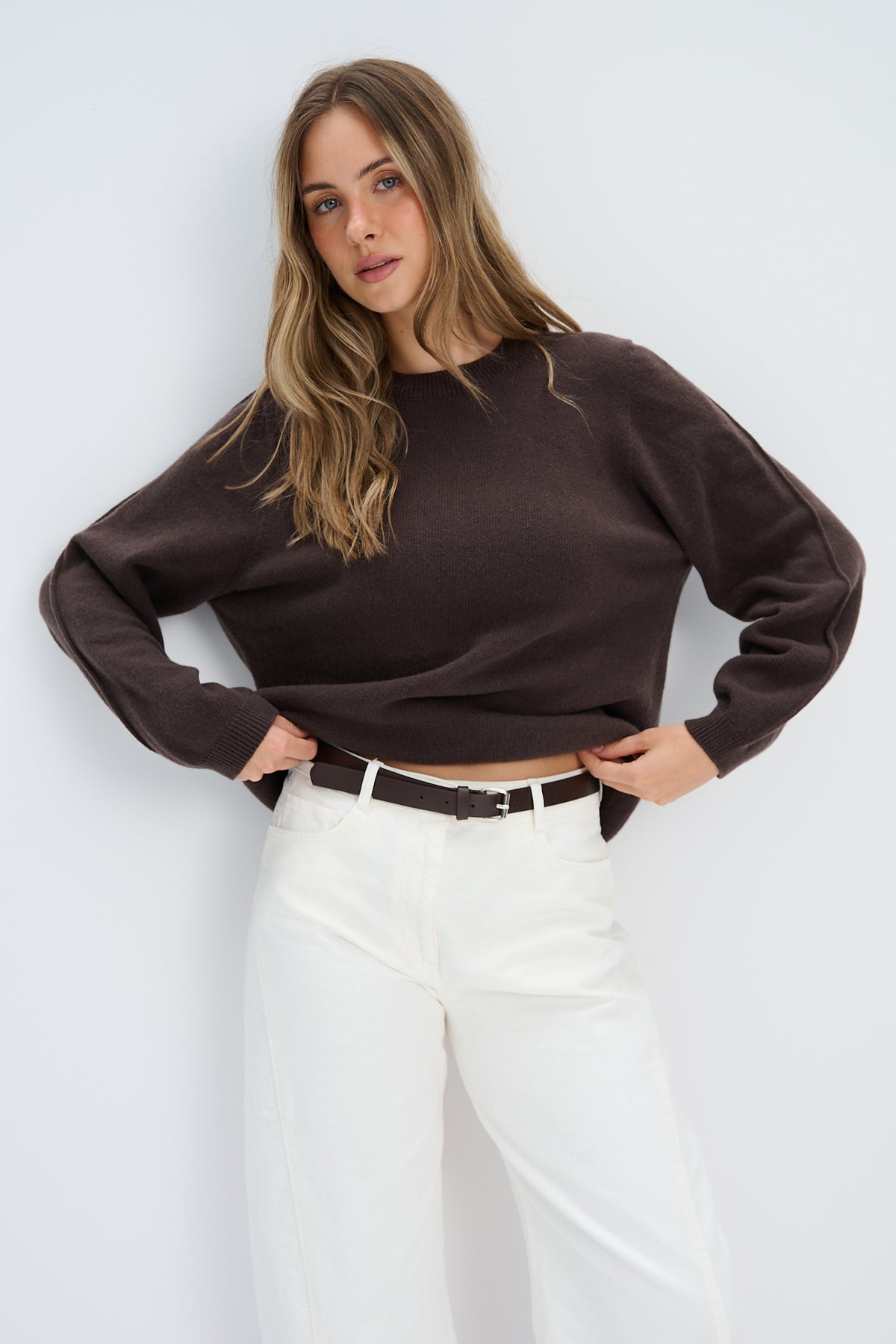 Sweter z kaszmiru i wełny merynos Softscape brązowy