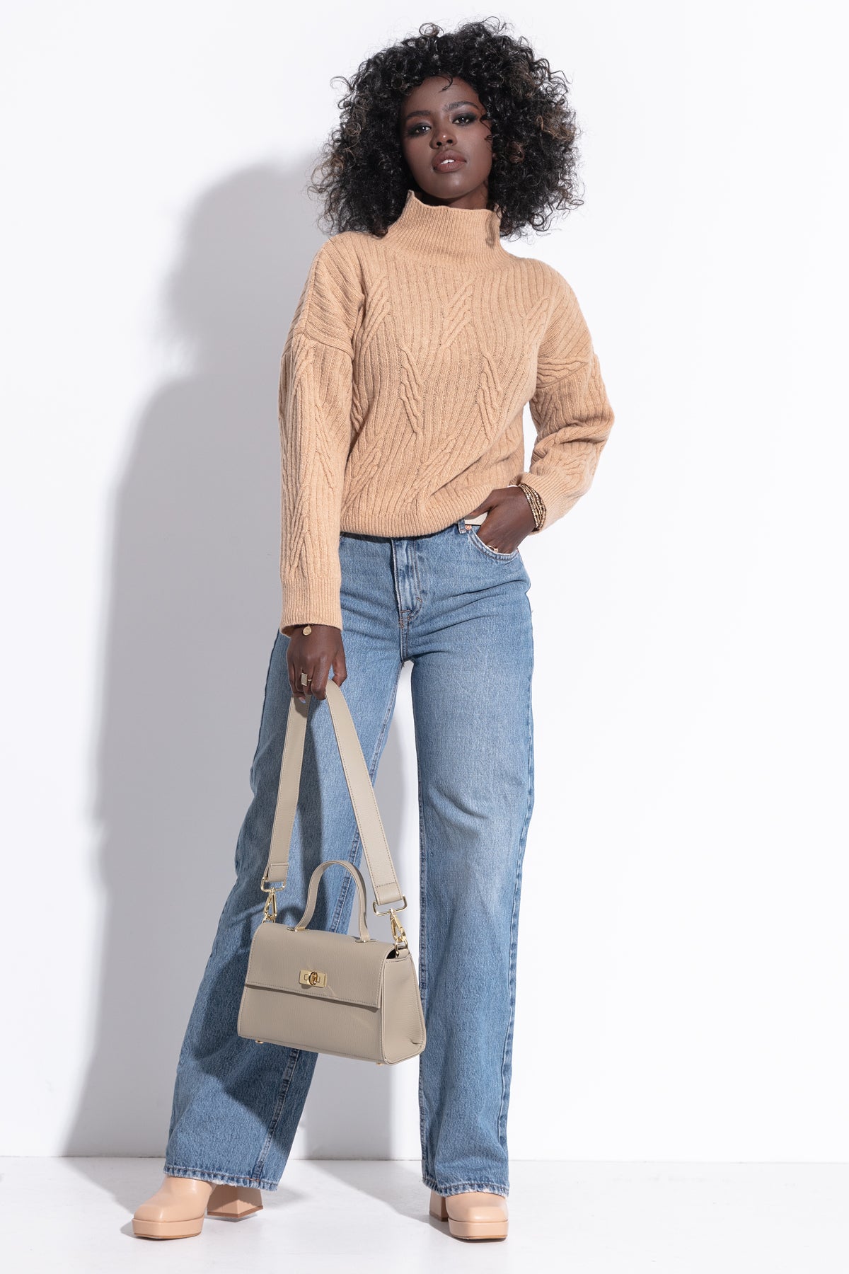 Wełniany klasyczny sweter golf premium karmelowy - 4