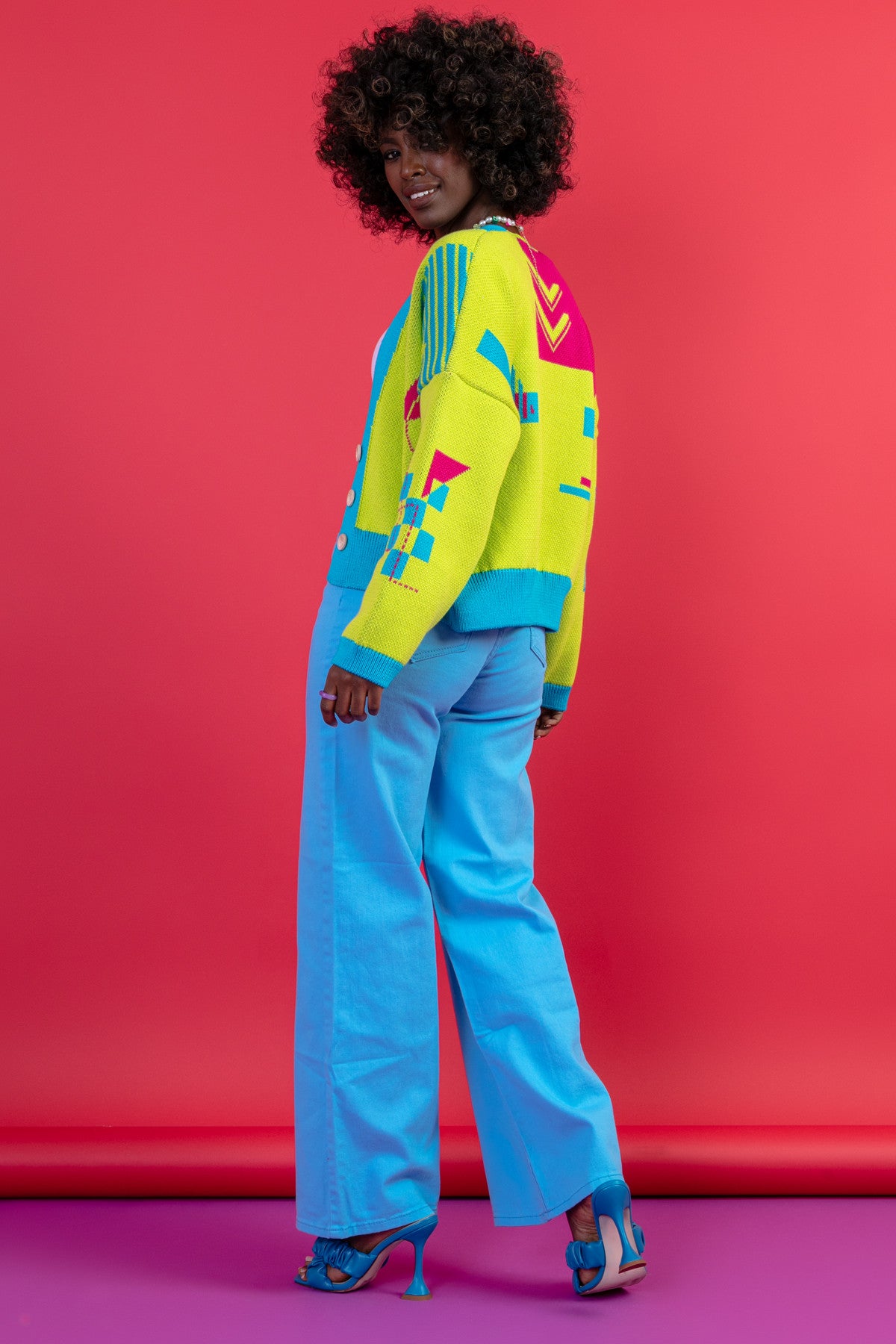 Zapinany żakardowy kardigan z geometrycznym wzorem limonkowy - 13