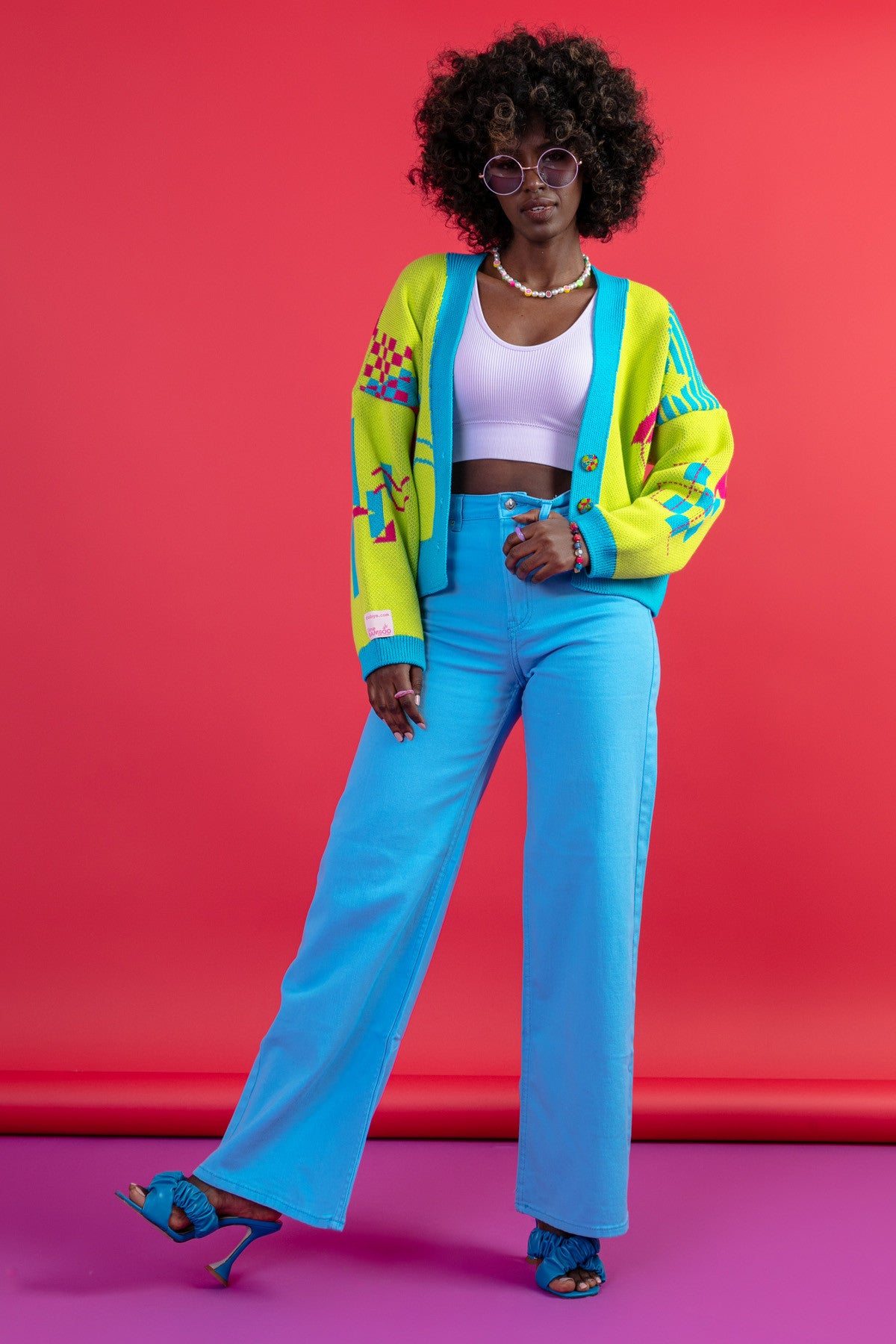 Zapinany żakardowy kardigan z geometrycznym wzorem limonkowy - 8