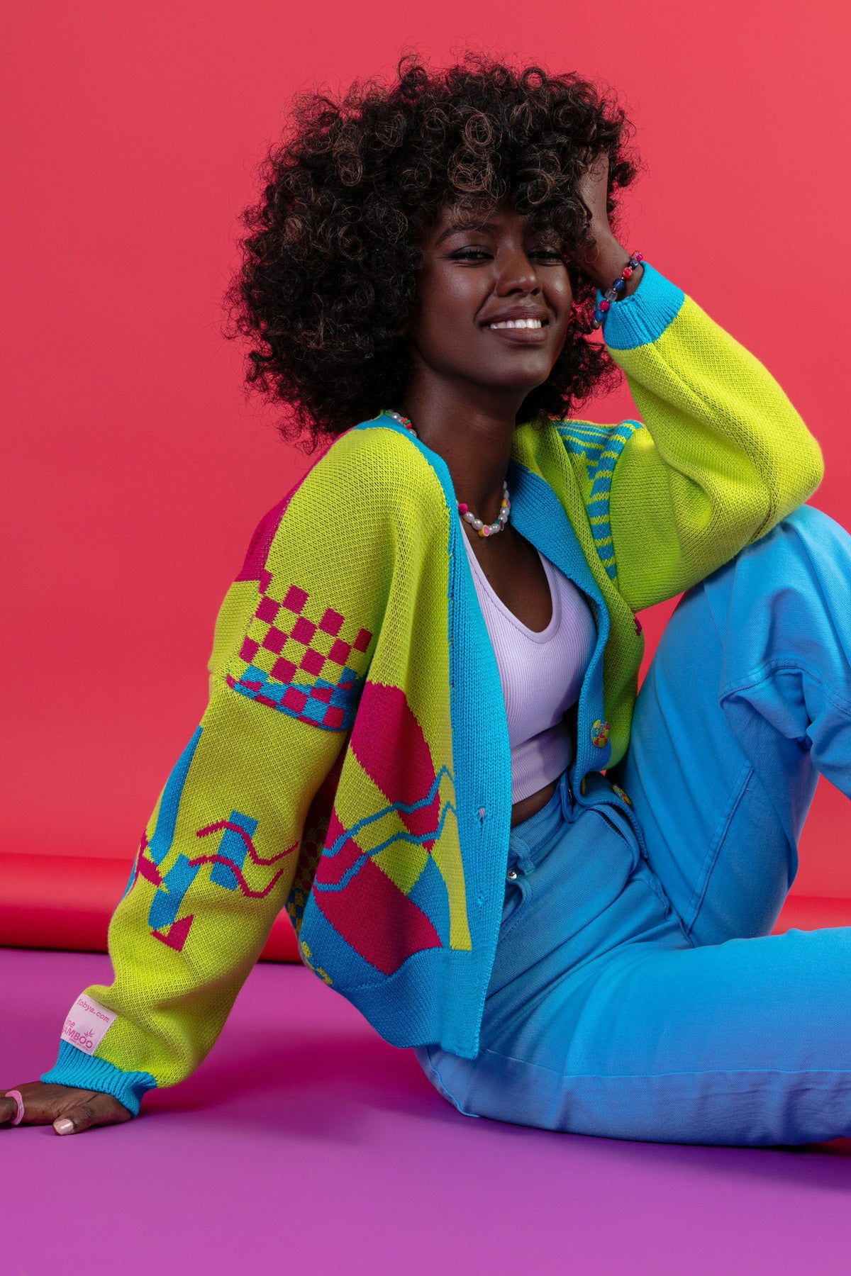 Zapinany żakardowy kardigan z geometrycznym wzorem limonkowy - 3