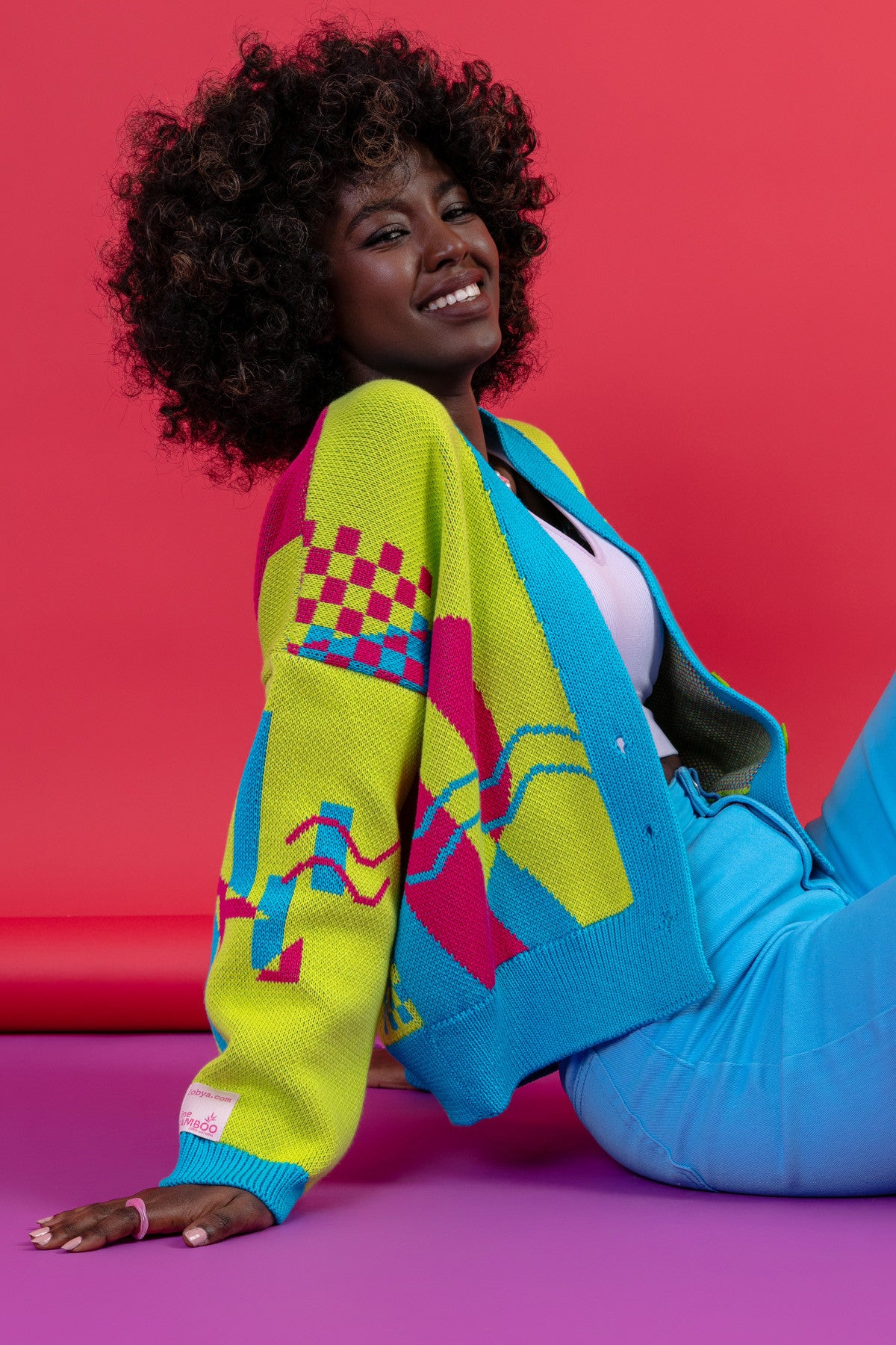 Zapinany żakardowy kardigan z geometrycznym wzorem limonkowy - 16