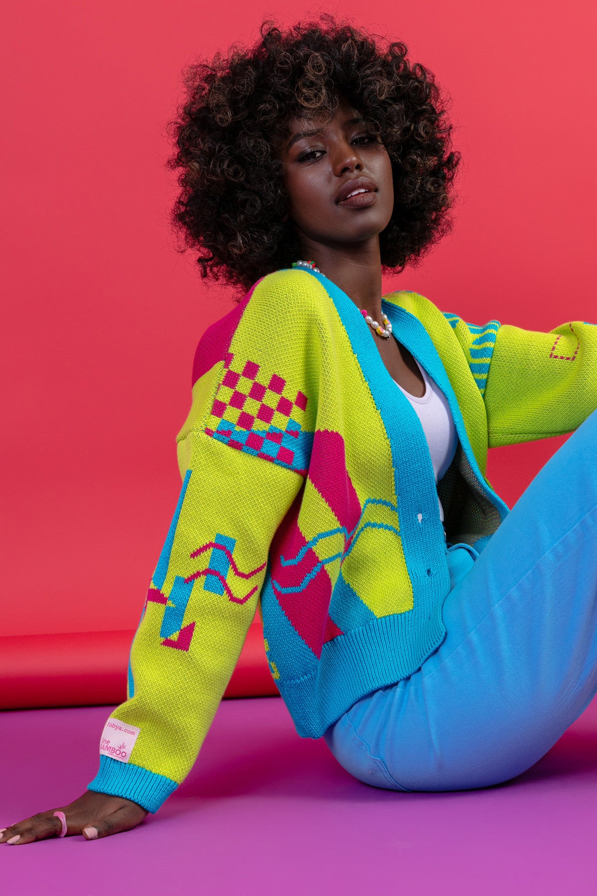 Zapinany żakardowy kardigan z geometrycznym wzorem limonkowy - 15