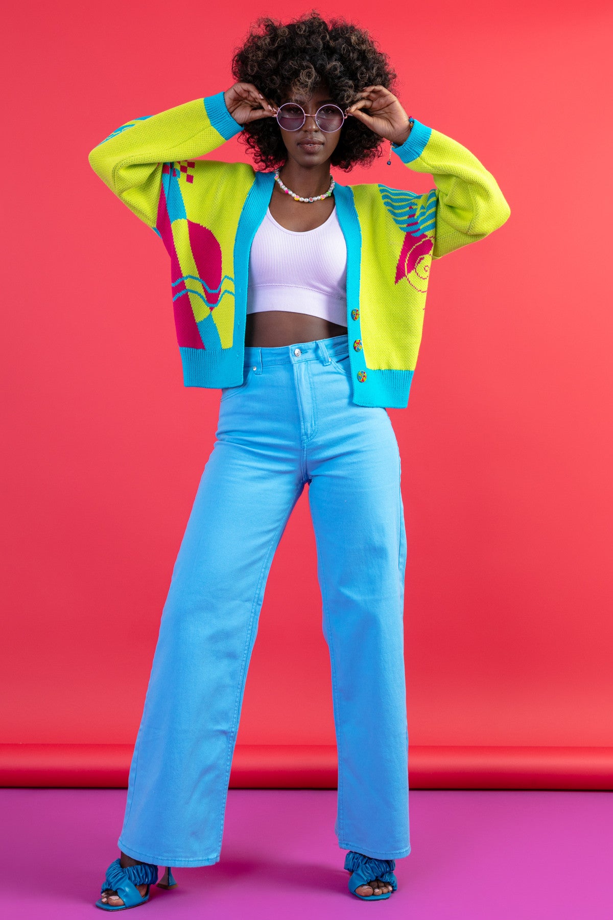 Zapinany żakardowy kardigan z geometrycznym wzorem limonkowy - 7