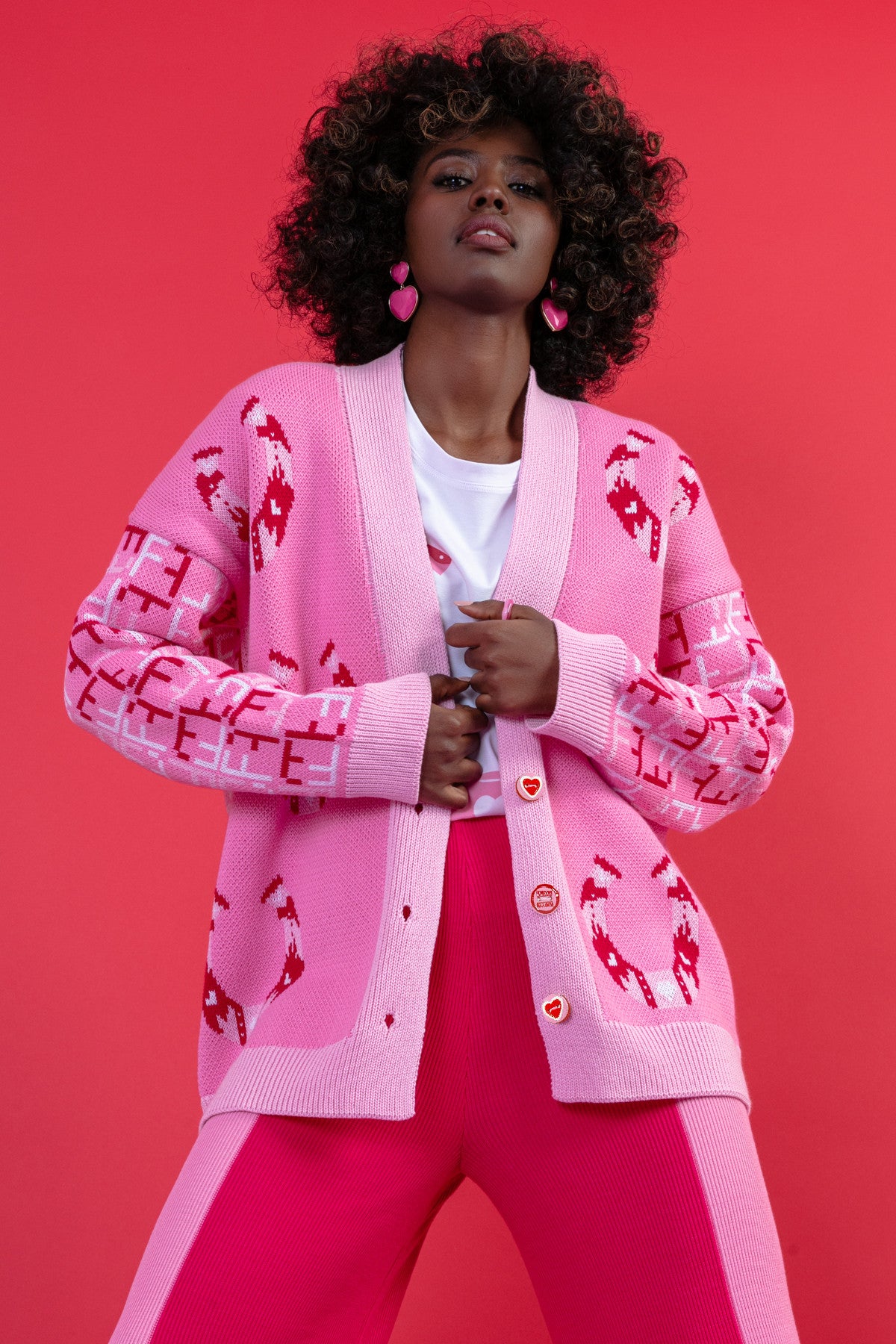 Zapinany żakardowy kardigan z wzorem podkowy słodki róż - 8