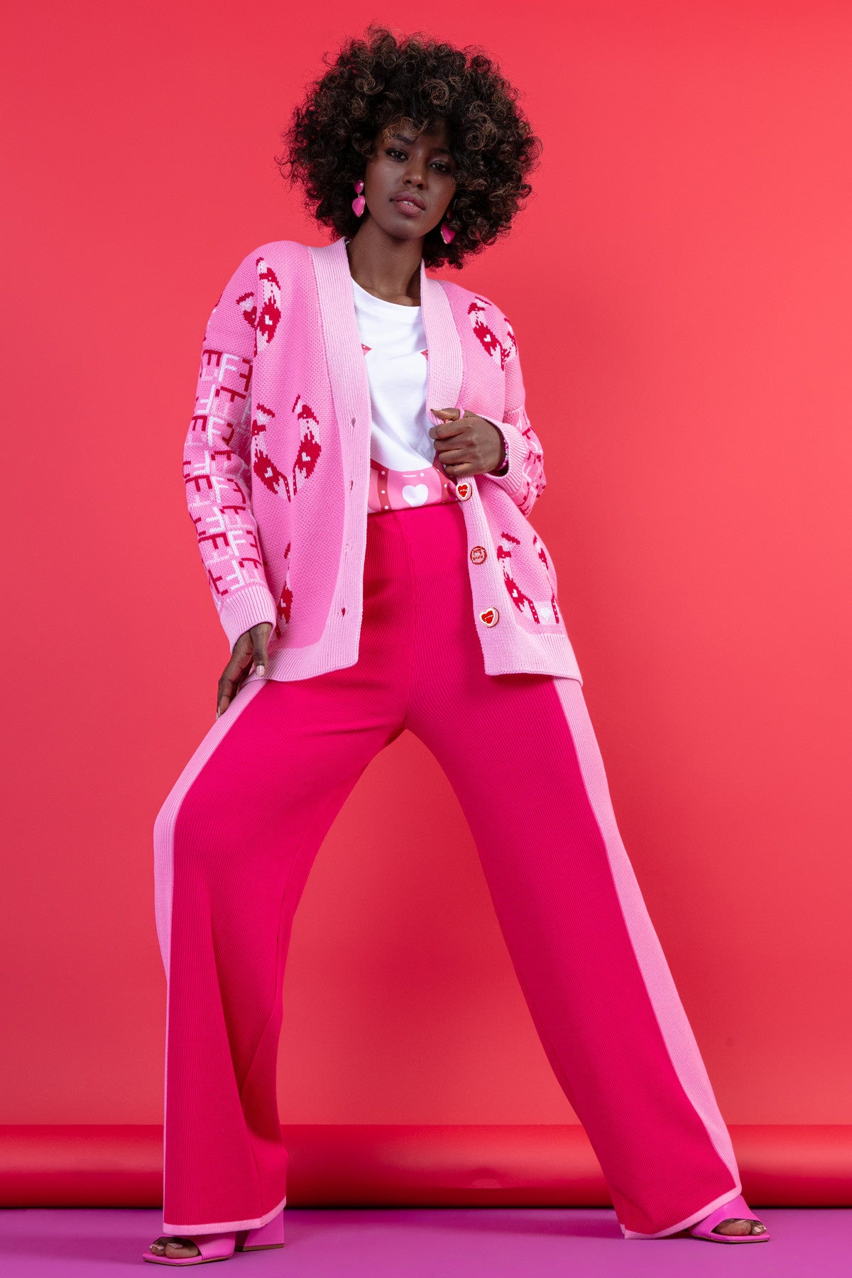 Zapinany żakardowy kardigan z wzorem podkowy słodki róż - 5