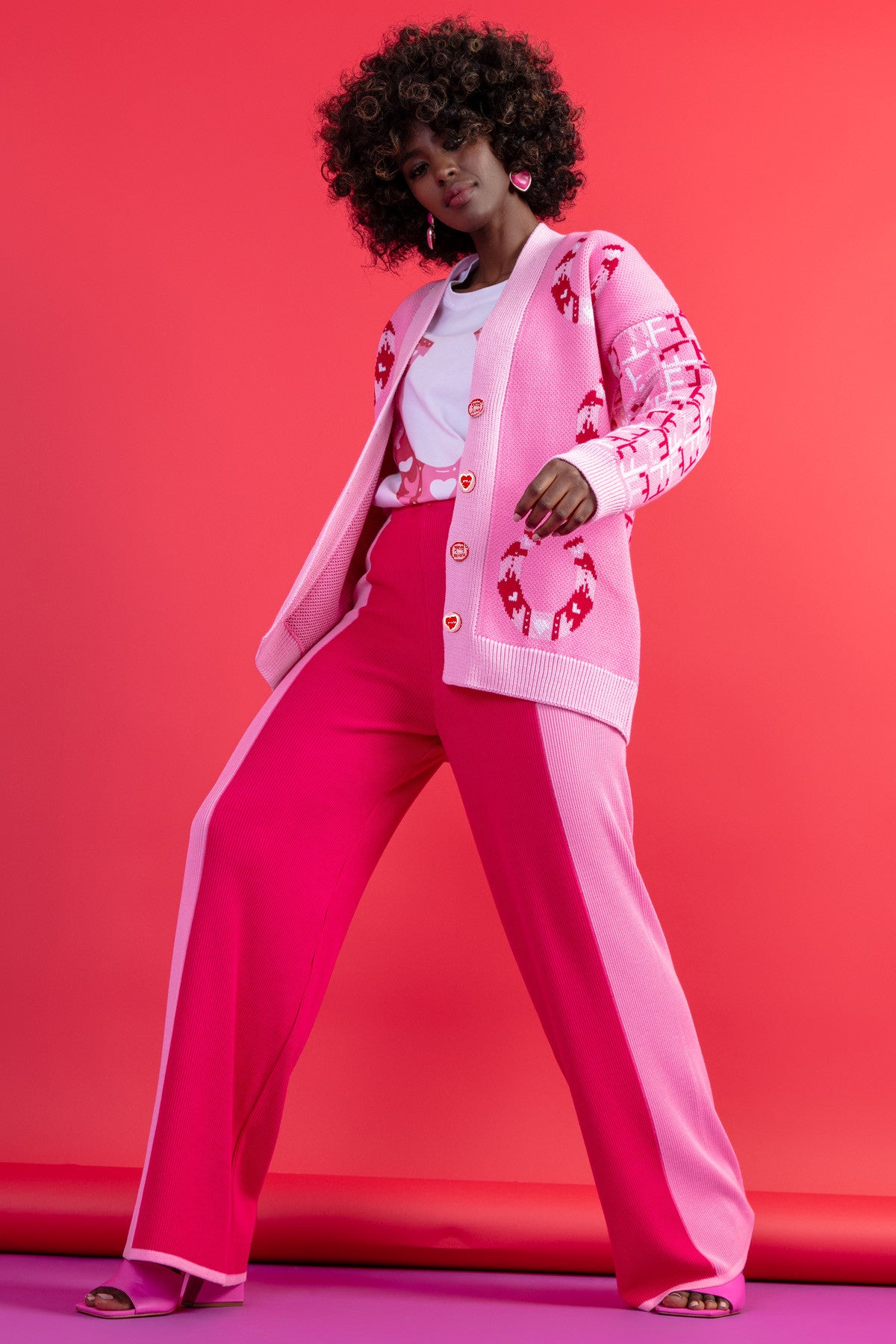 Zapinany żakardowy kardigan z wzorem podkowy słodki róż - 6