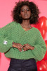 Luźny Sweter z dekoltem w serek chunky knit F1379 z ażurem z wełny