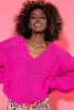 Luźny Sweter z dekoltem w serek chunky knit F1379 z ażurem z wełny