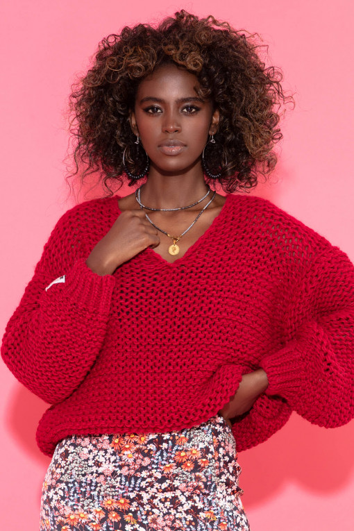 Luźny Sweter z dekoltem w serek chunky knit F1379