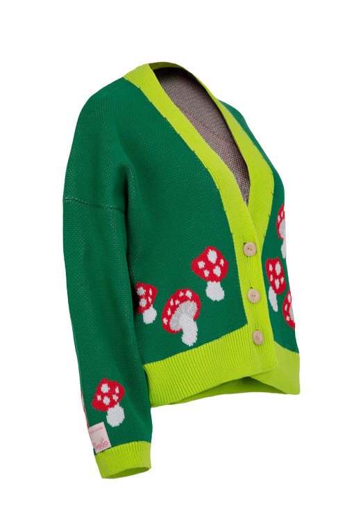Short mushroom-themed cardigan, buttoned, colorful F1505