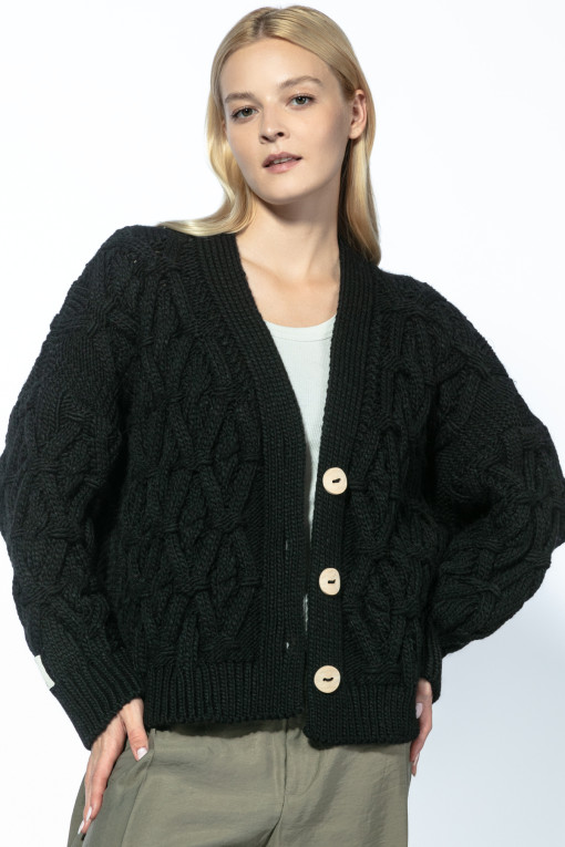 Classic Buttoned Cardigan with Cable Knit Pattern F1726