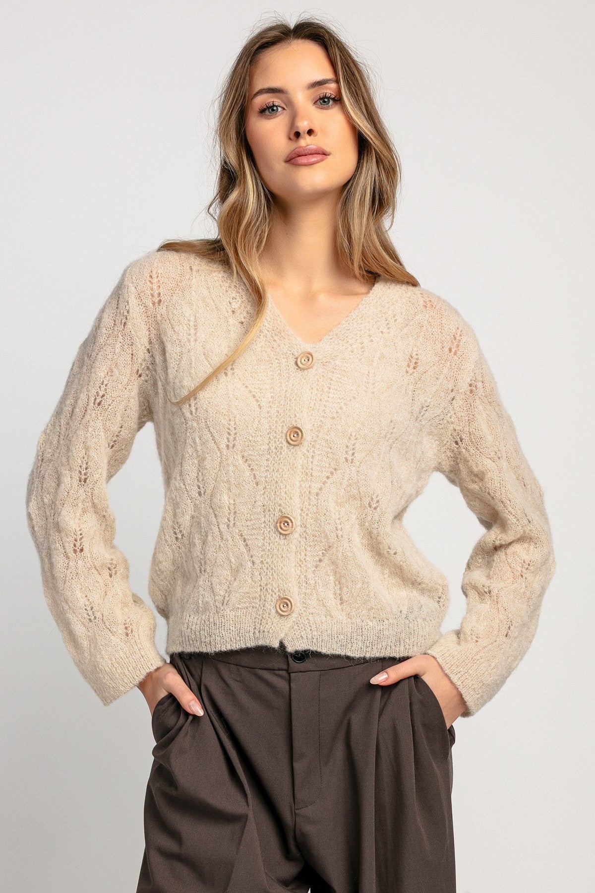 Delikatny kardigan mgiełka z wełny alpaki różowy Lightbeige