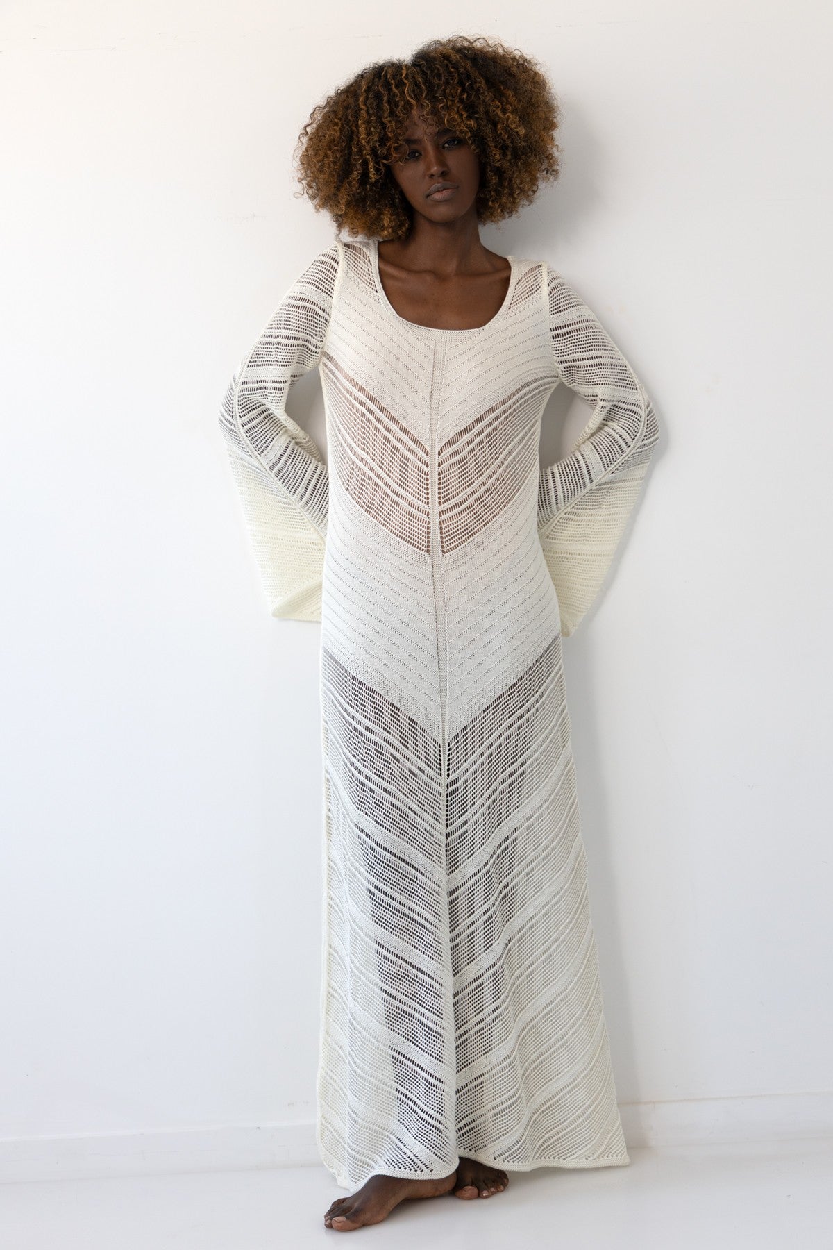 Długa ażurowa sukienka boho beżowy Ecru