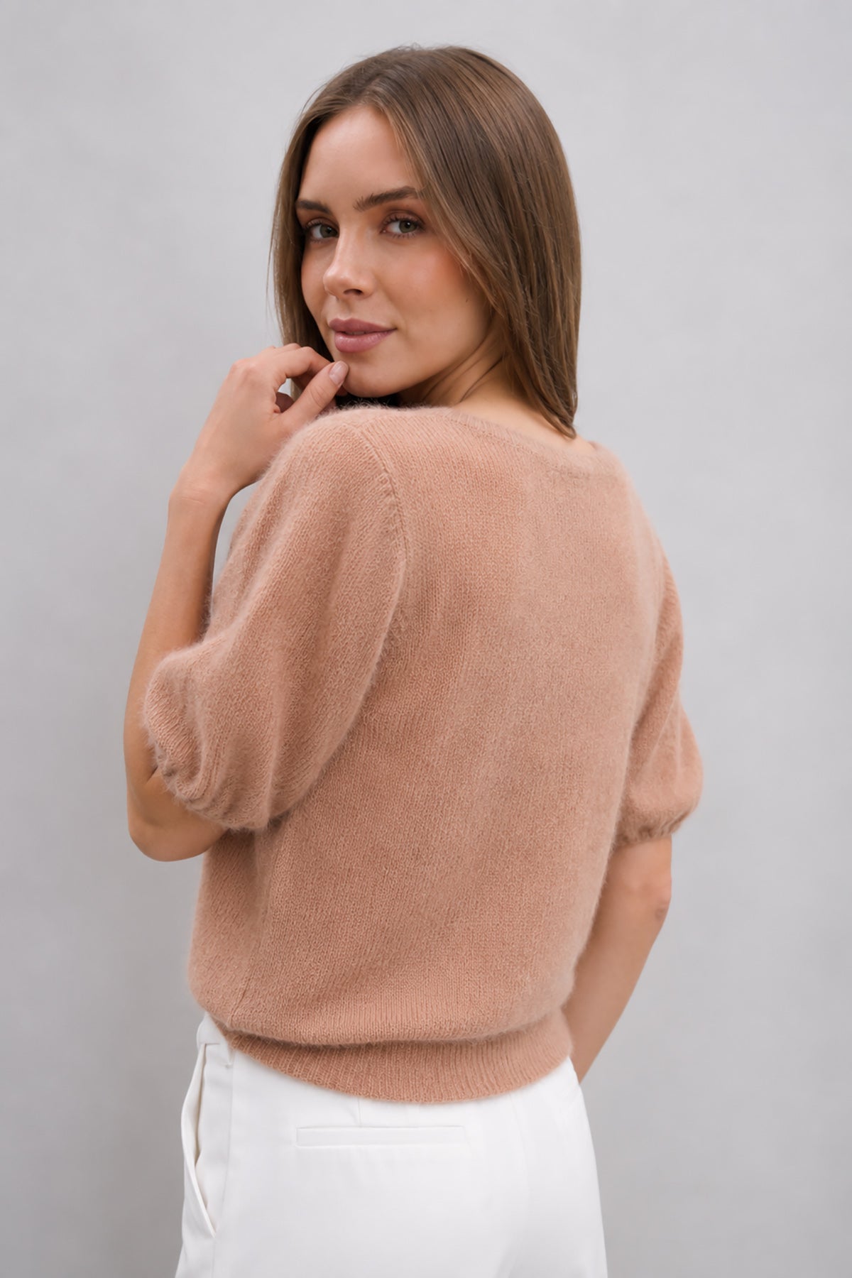 Baby alpaca and virgin wool short-sleeved sweater in pink