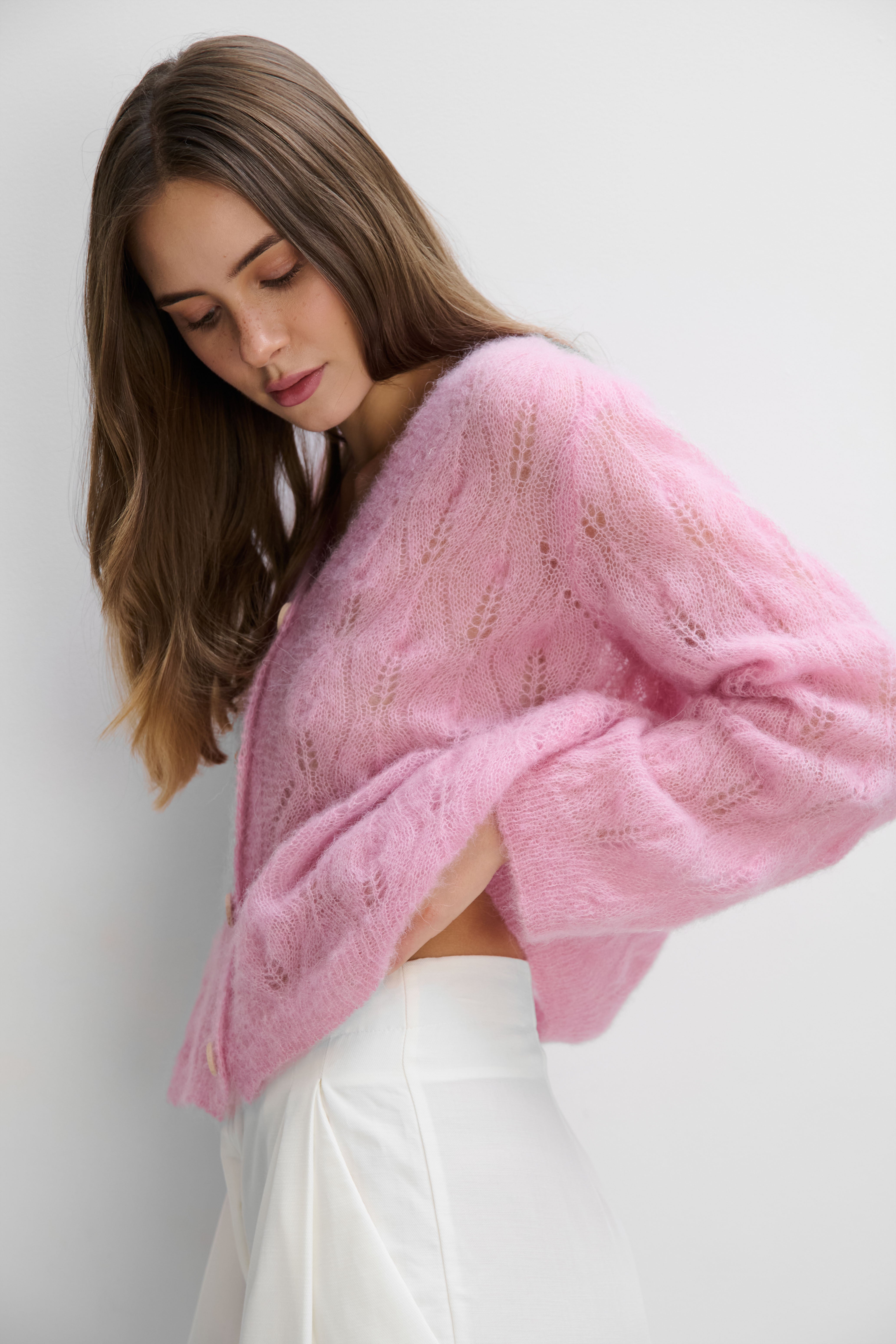 Delicate pink alpaca wool mist cardigan