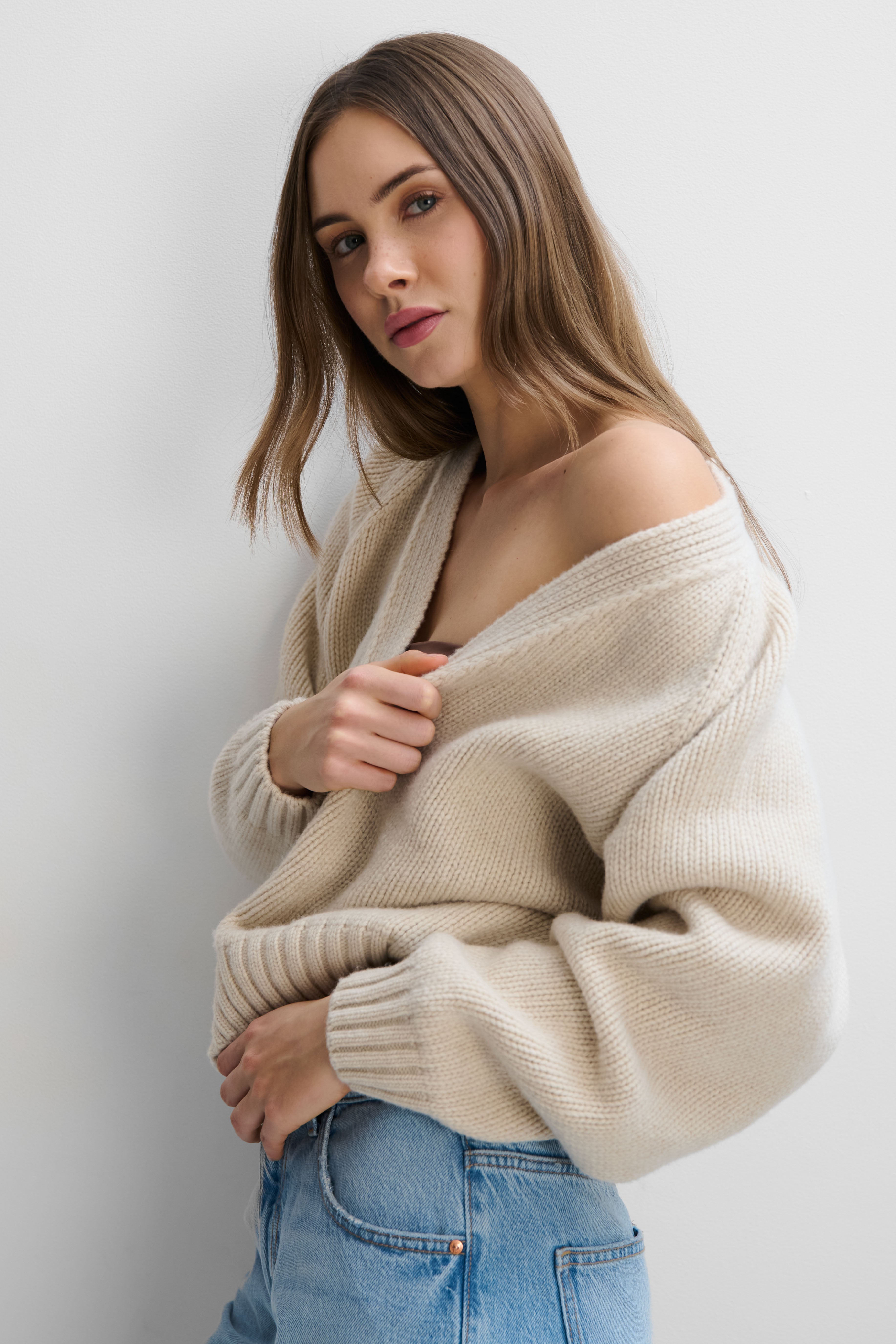 Kardigan z kaszmiru i wełny merynos Velvet Core beżowy