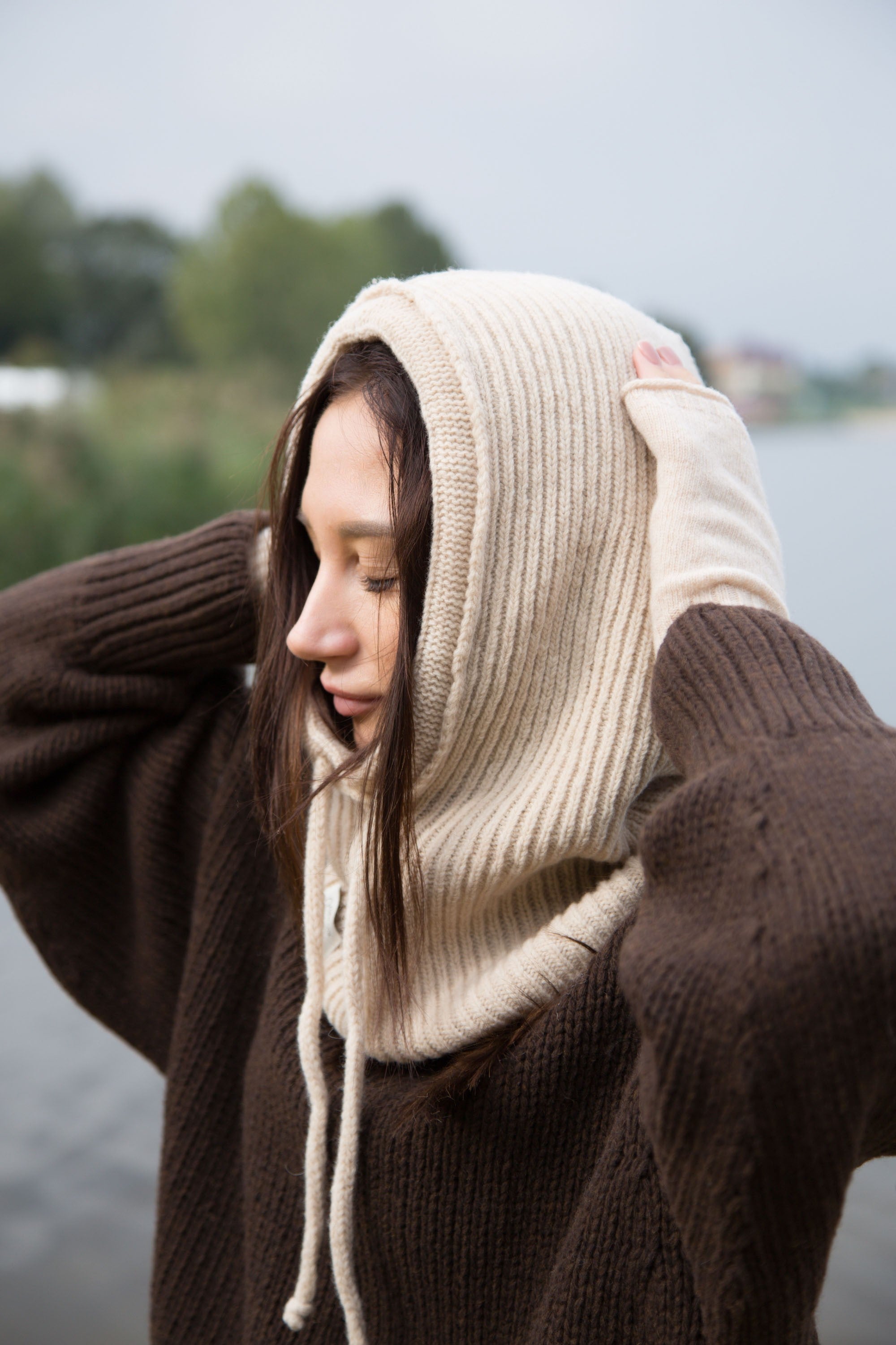 Balaclava kominiarka wełniana prążkowany splot beżowy - 5