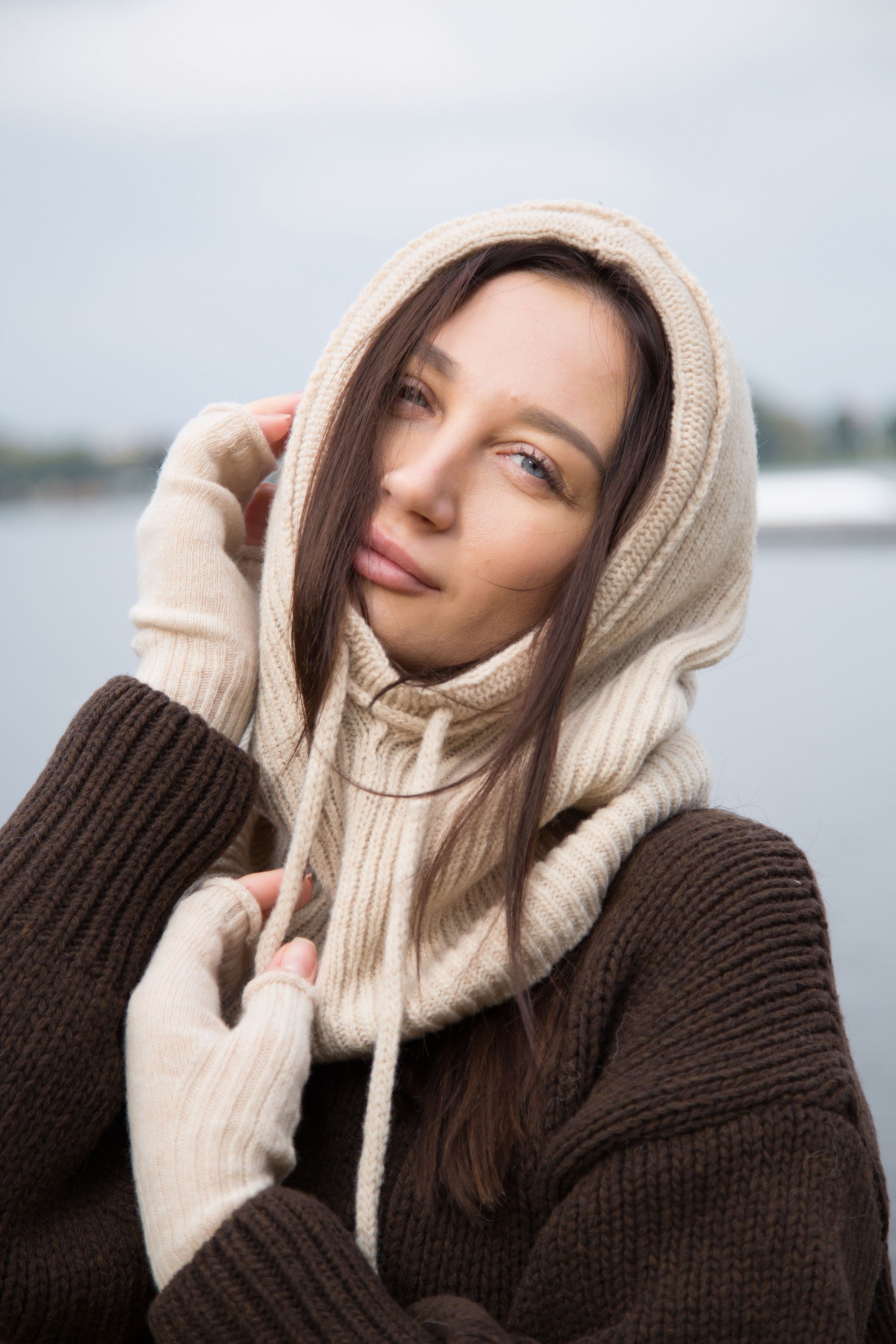 Balaclava kominiarka wełniana prążkowany splot beżowy - 4