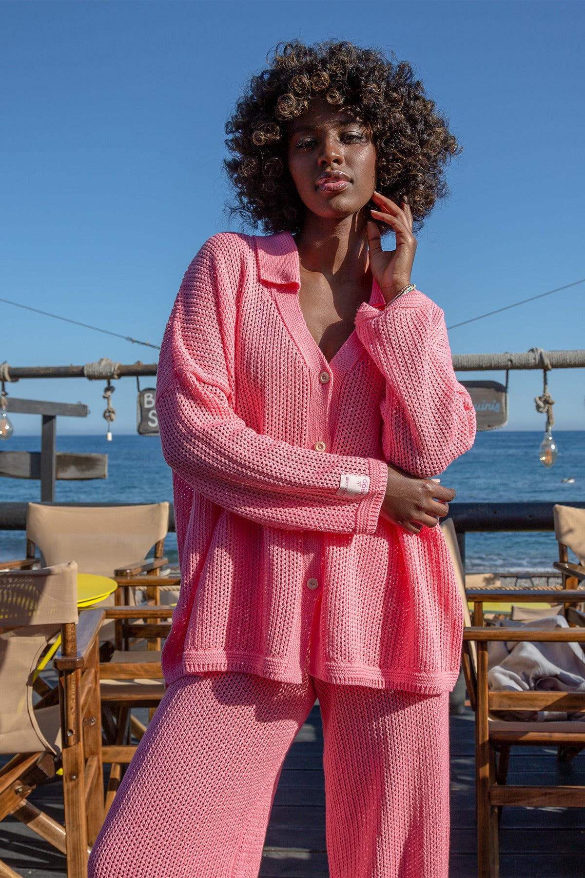 Bawełniany ażurowy komplet zapinana koszula i długie spodnie crystalrose kryształowy - 4