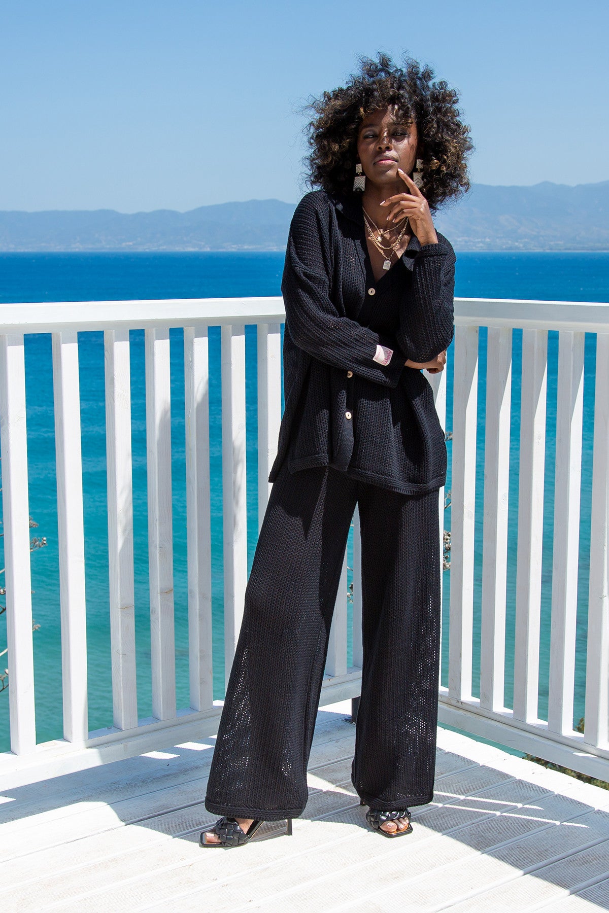 Bawełniany ażurowy komplet zapinana koszula i długie spodnie czarny - 5