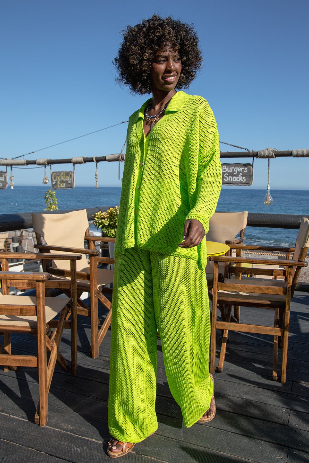 Bawełniany ażurowy komplet zapinana koszula i długie spodnie limonkowy - 6