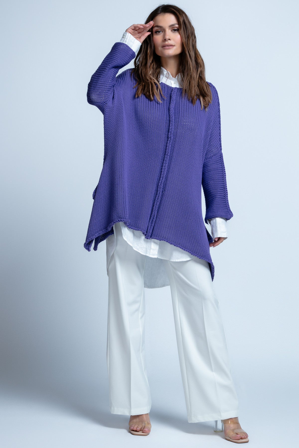 Bawełniany oversizowy asymetryczny sweter na wiosnę i lato fioletowy - 3