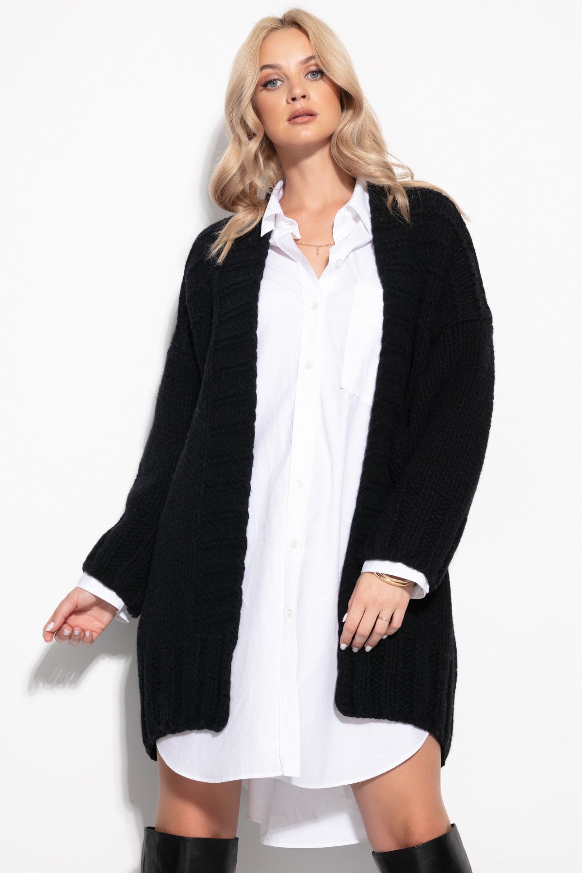 Ciepły klasyczny kardigan kaszmirowy czarny - 3