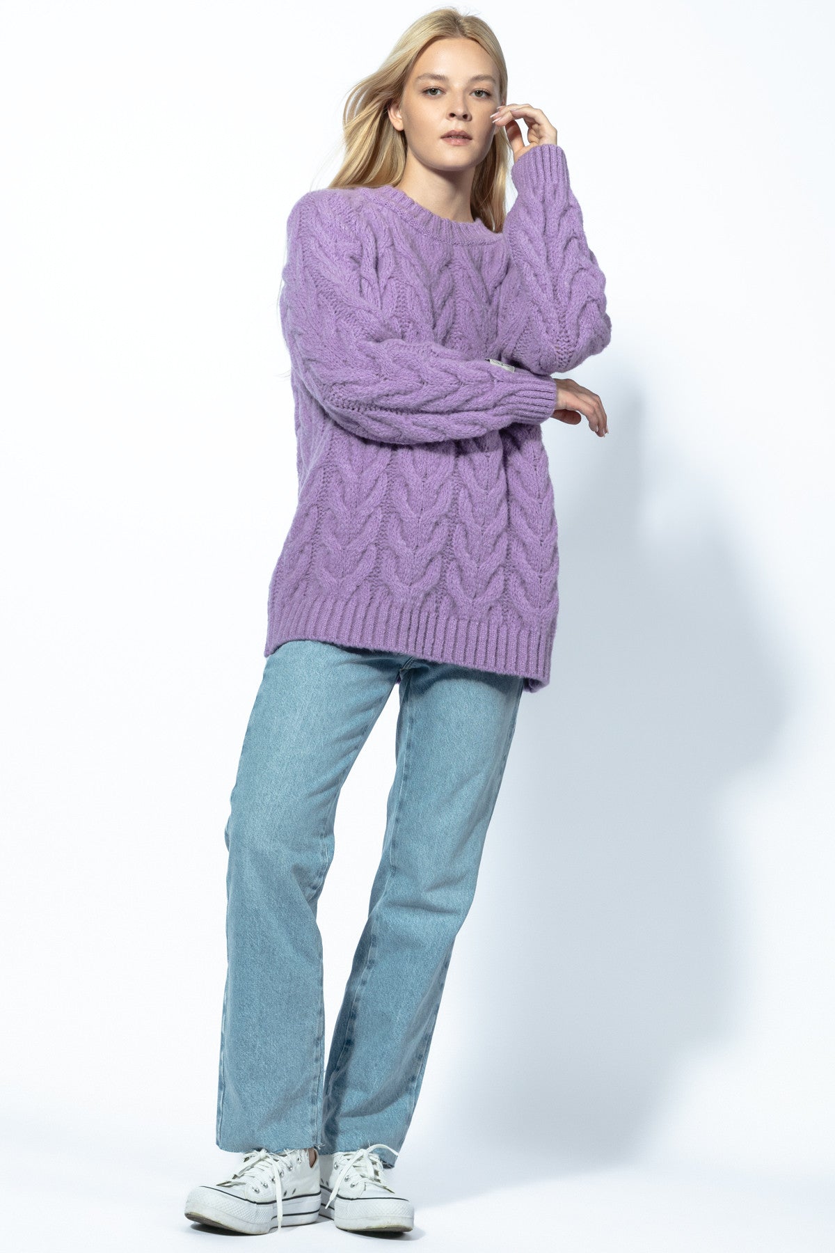 Ciepły Sweter z dekoltem splot warkocze fioletowy - 2