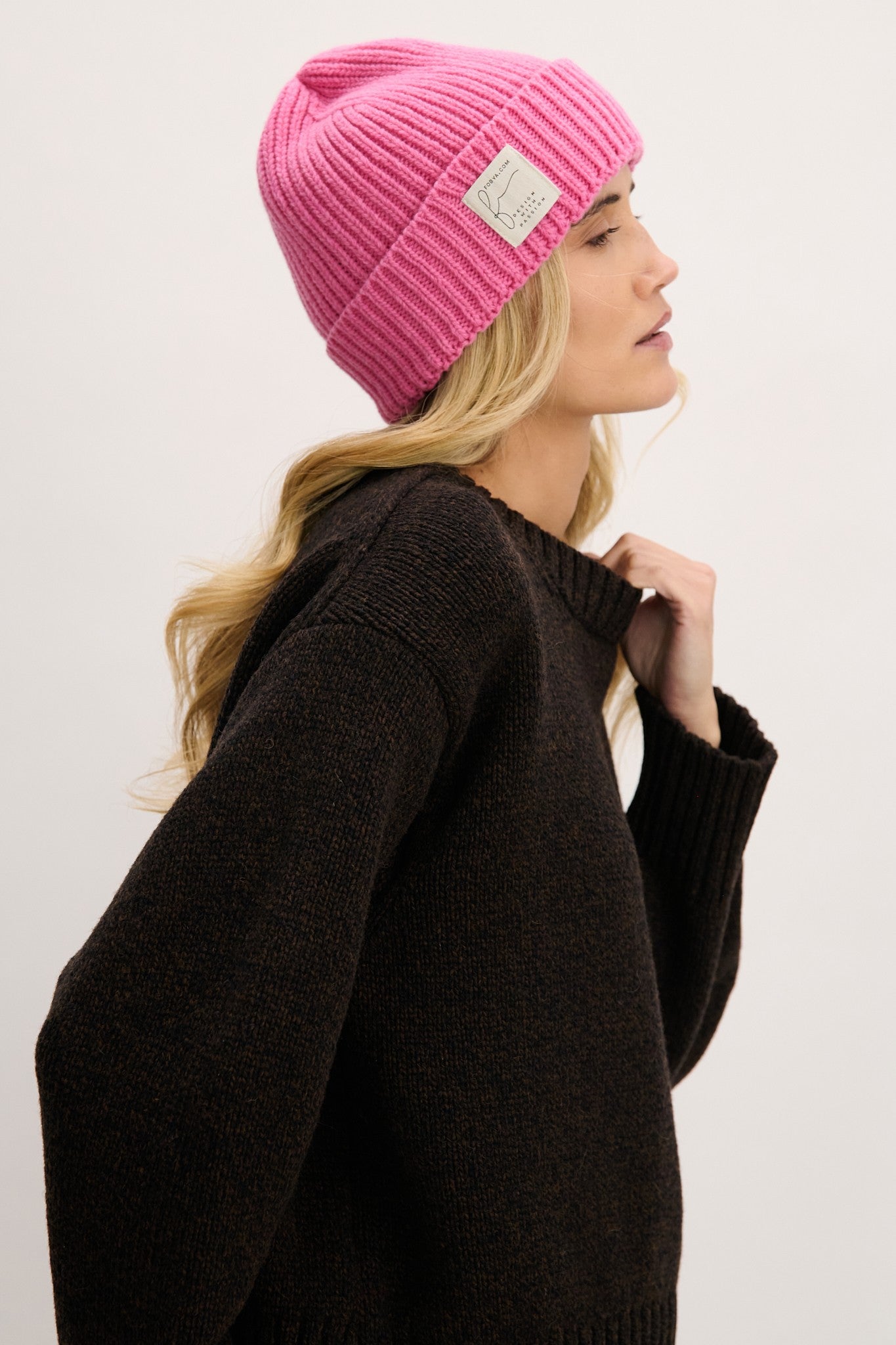 Czapka z wełny merynos w prążek PURE różowy - 1