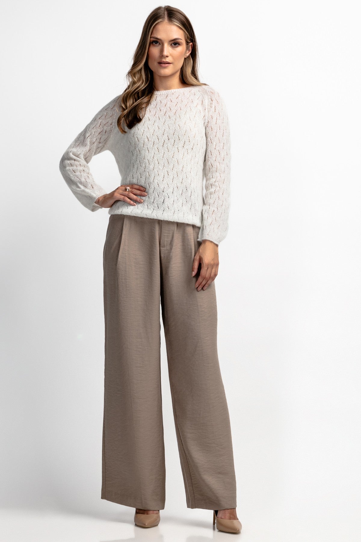 Delikatny elegancki sweter z wełny alpaki i wełny dziewiczej ecru - 4