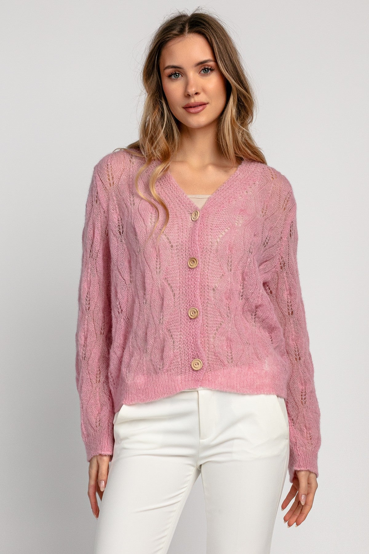 Delikatny kardigan mgiełka z wełny alpaki różowy - 1