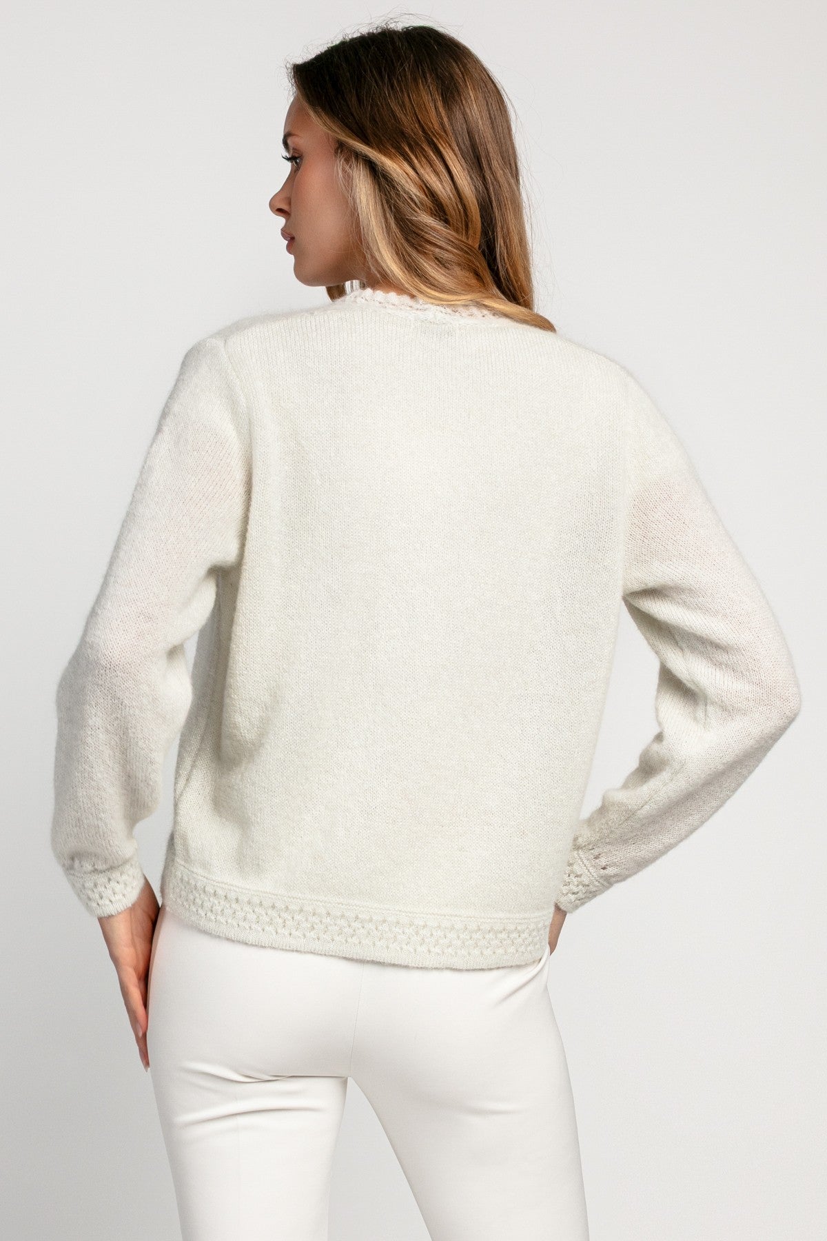 Delikatny zapinany kardigan z wełny alpaki i wełny dziewczej ecru - 2